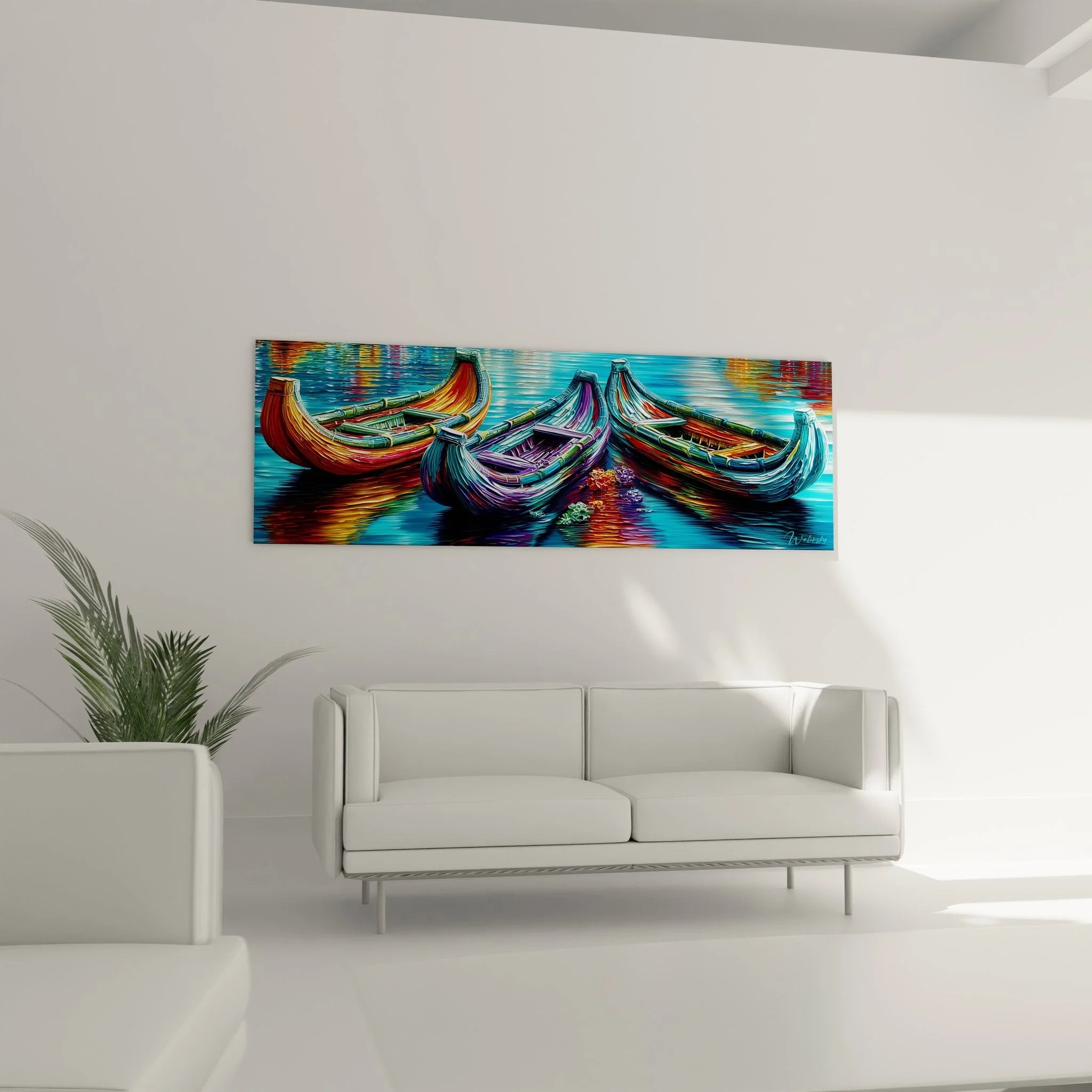 Detailansicht Wandbild bunte Gondeln Boote mit Farbverläufen und Wasserreflexion maritime Wandkunst