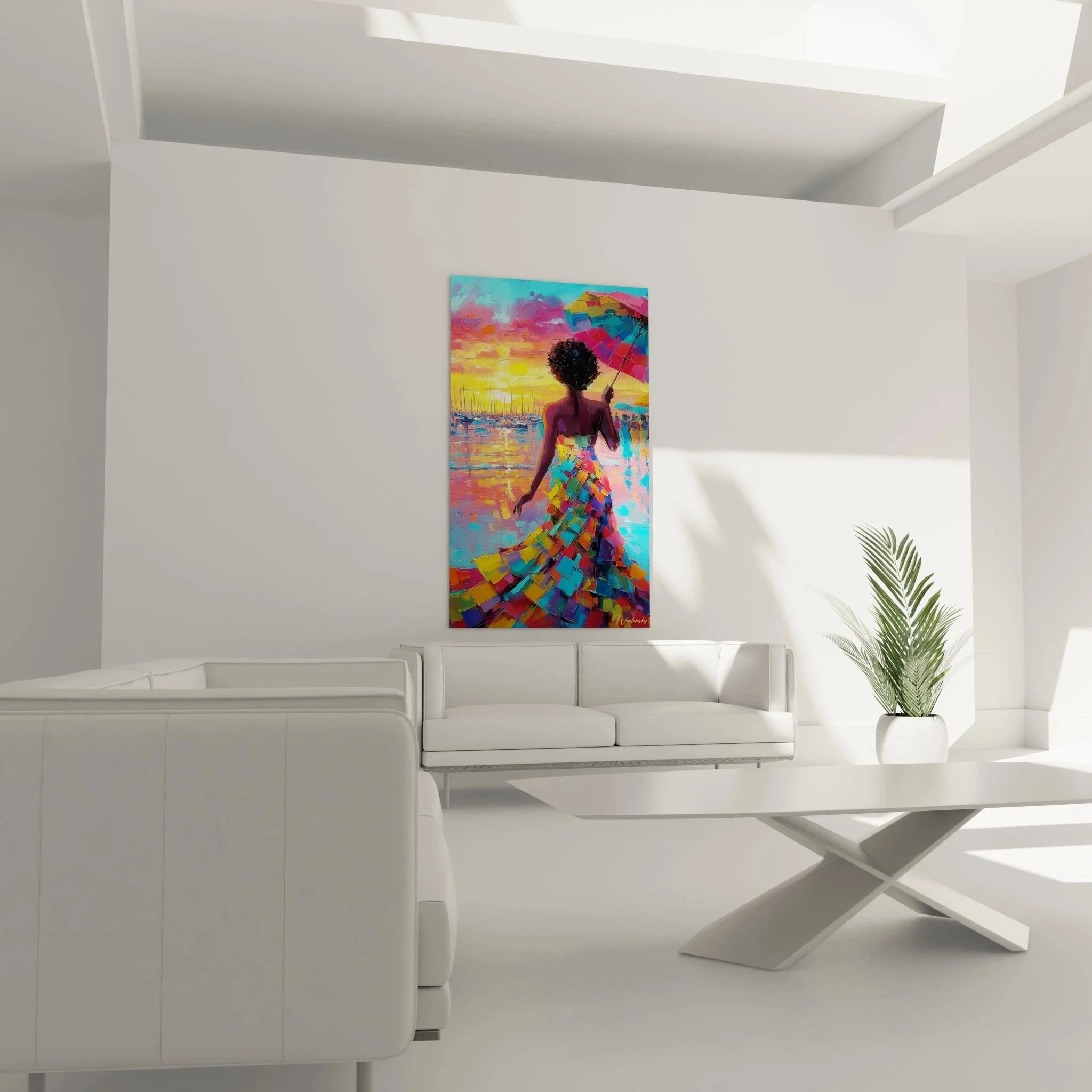 Detailansicht Wandbild bunte Regenschirm Frau - mosaikartige Farbfelder moderne Malerei