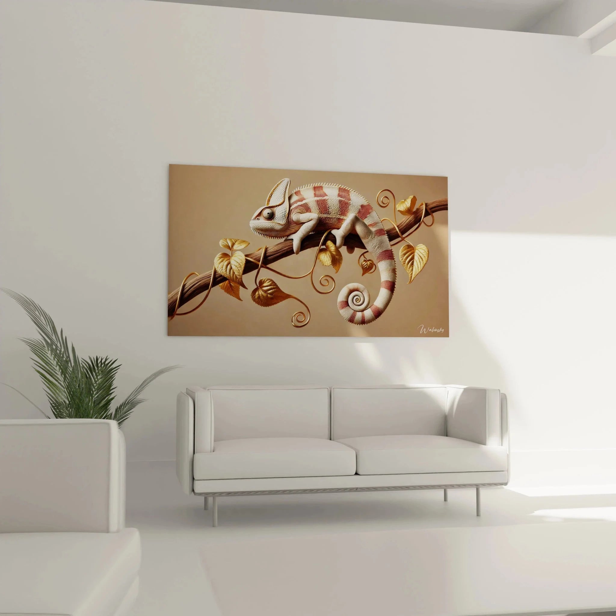 Detailaufnahme Wandbild Chamäleon mit rot-weißen Streifen und goldenen dekorativen Blättern