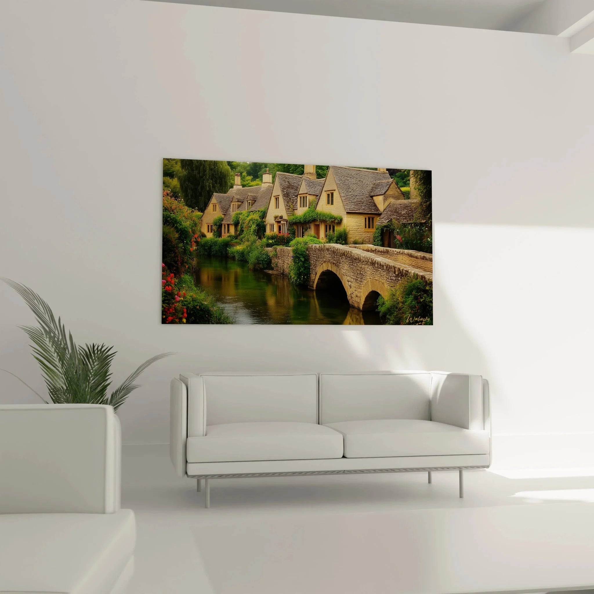 Detailaufnahme Wandbild Cotswolds Cottages mit Schieferdach und blühenden Gärten am Wasser