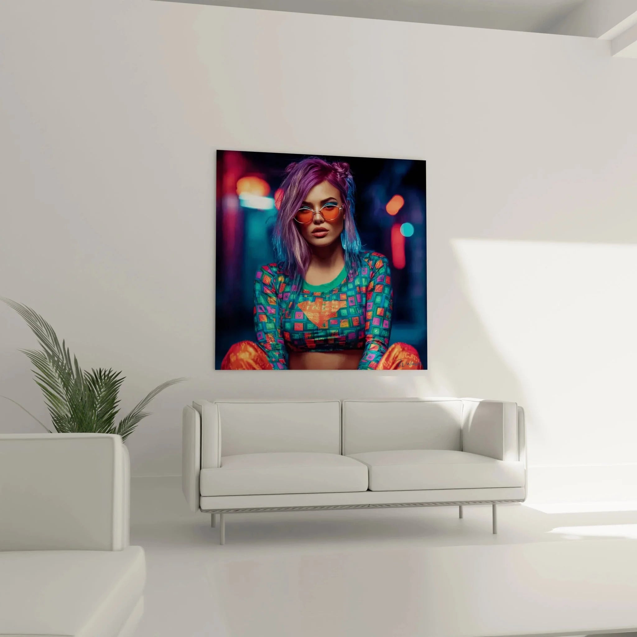 Detailansicht Wandbild Cyberpunk Frau mit orangener Brille und Neon Streetwear Fashion