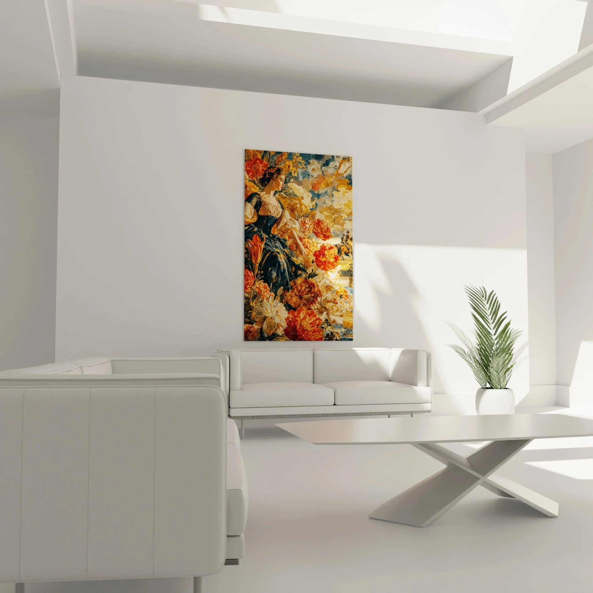 Detailansicht Renaissance Wandbild Dame Blumenpracht Pfingstrosen Orange Goldtöne