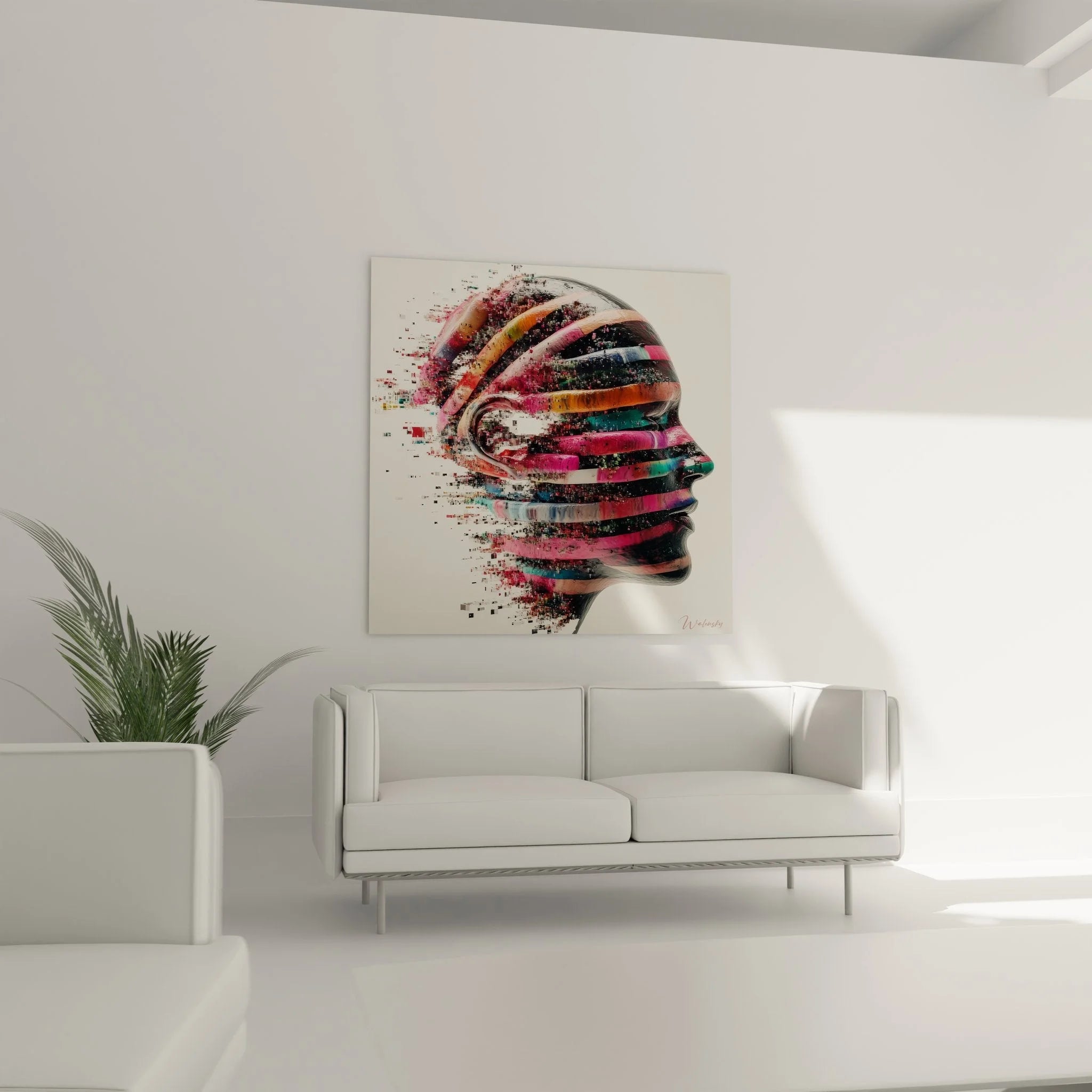 Detailansicht Wandbild DNA-Spiralen mit fragmentiertem digitalem Gesicht in Magenta und Orange