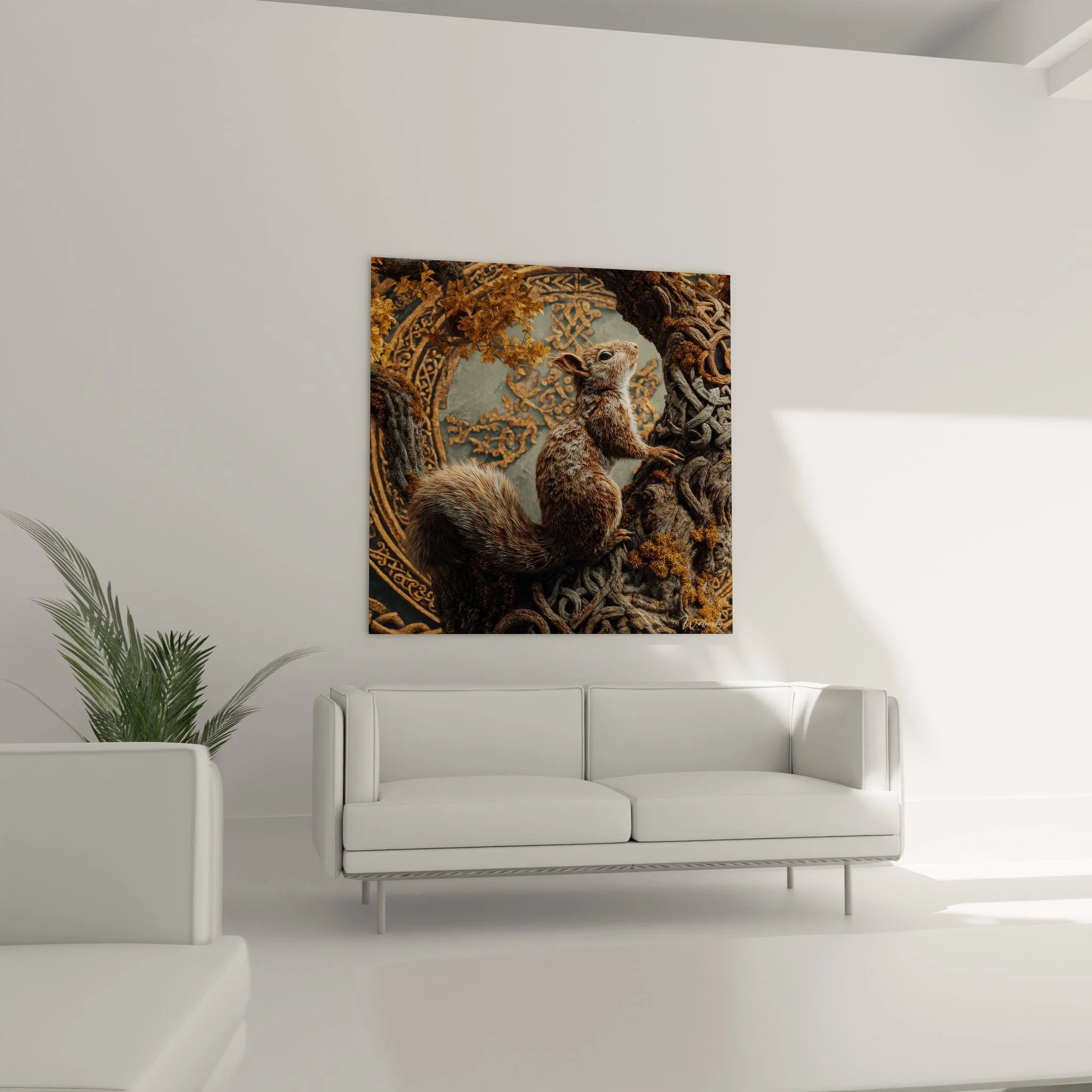 Detailaufnahme Wandbild Eichhörnchen - realistische Fellstruktur mit keltischen Verzierungen