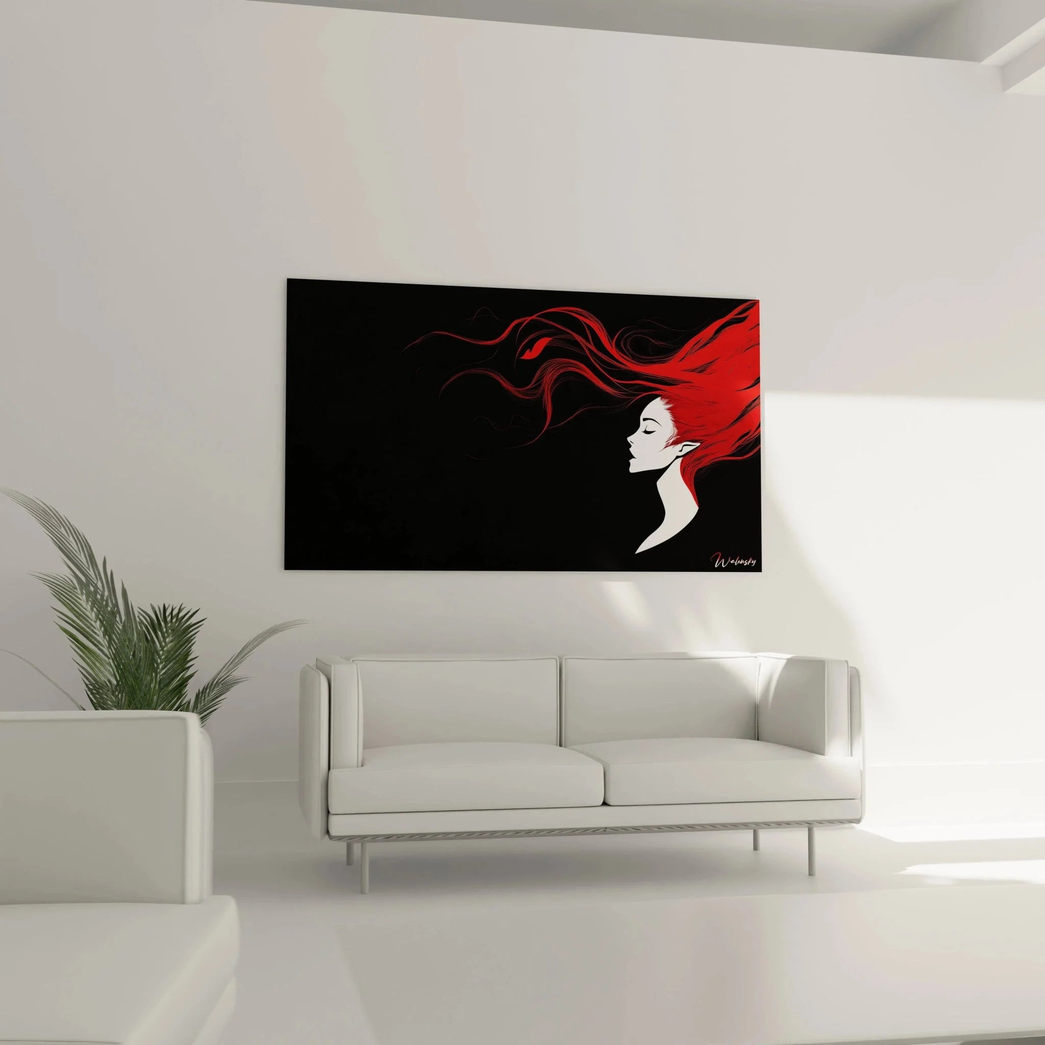 Detailansicht Wandbild rote Haare, minimalistische Kunstwerk mit expressionistischen Elementen