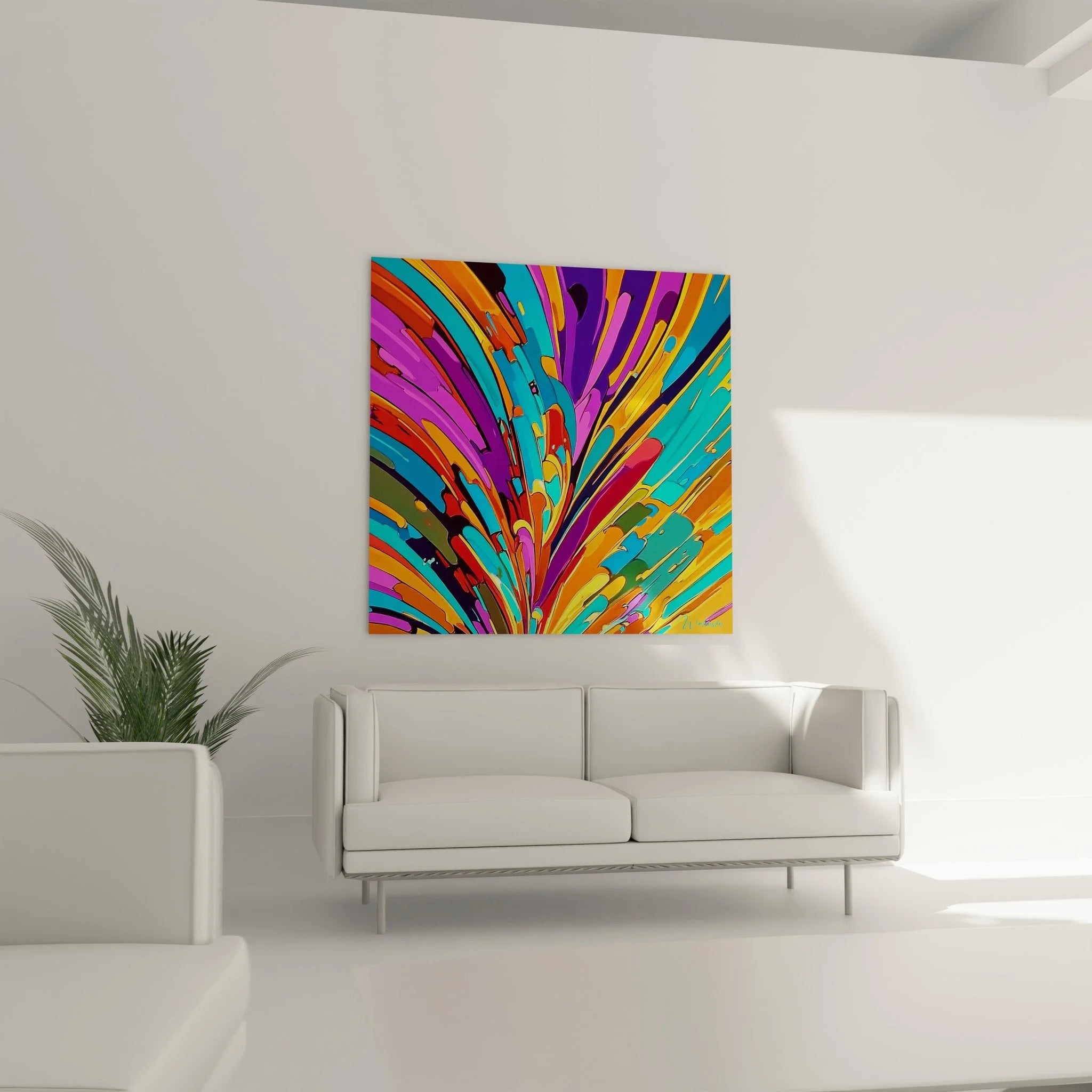 Detailaufnahme Wandbild Farbstrahlen, intensive Farben in Malerei-Optik Nahansicht