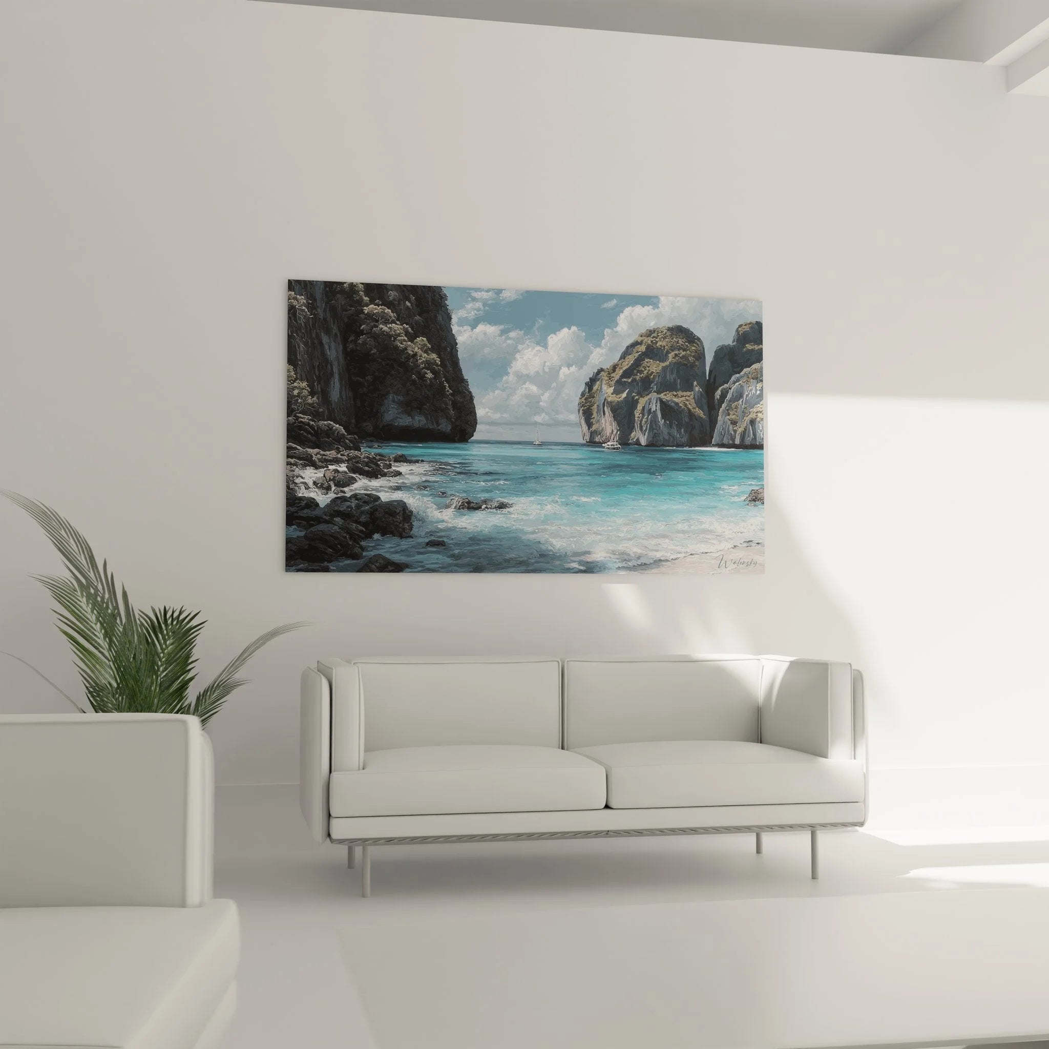 Detailansicht des Wandbildes zeigt realistische Darstellung von Felsklippen und azurblauem Meerwasser