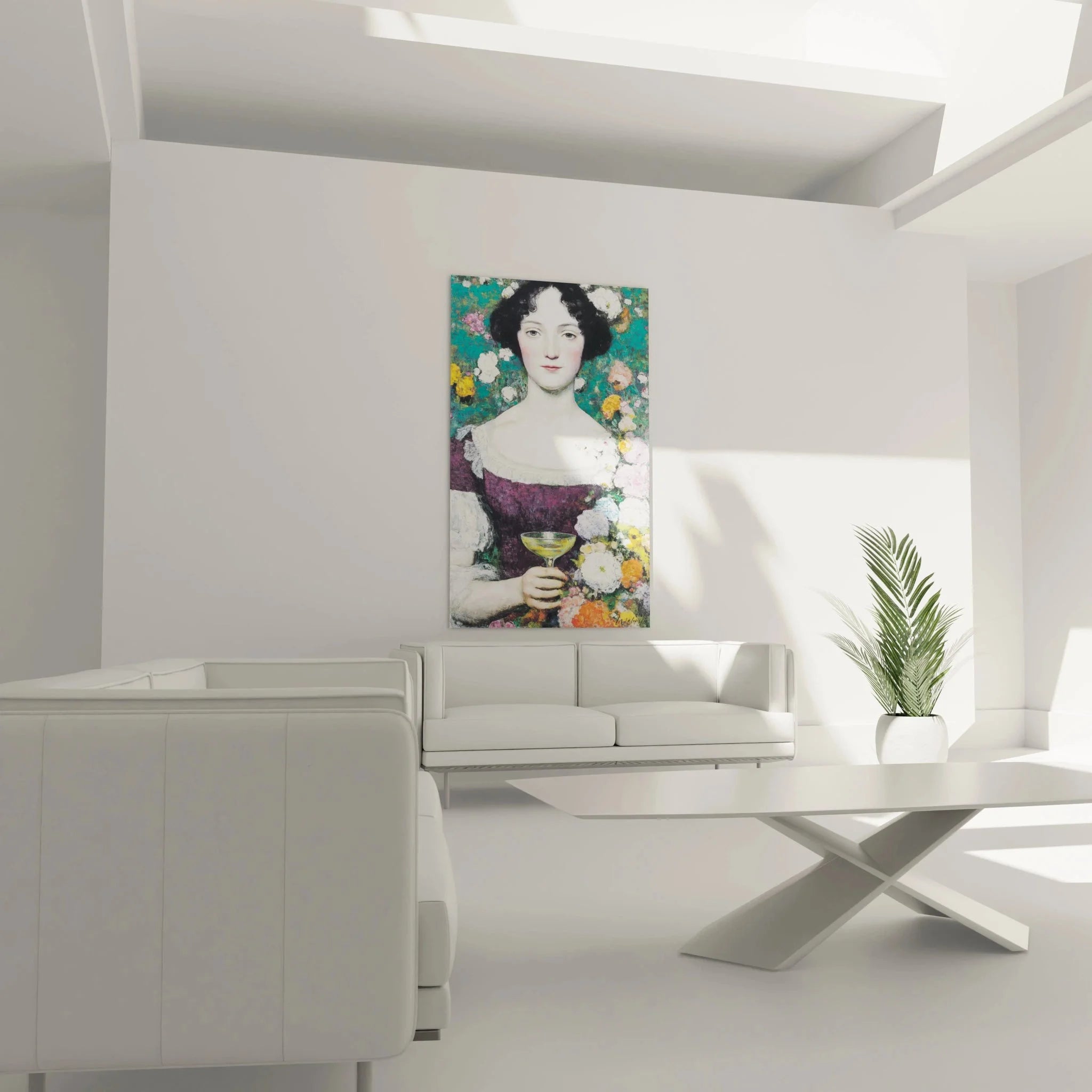 Detailansicht Wandbild Frau mit Blumen, präraffaelitischer Kunstdruck mit floralen Motiven und goldener Schale