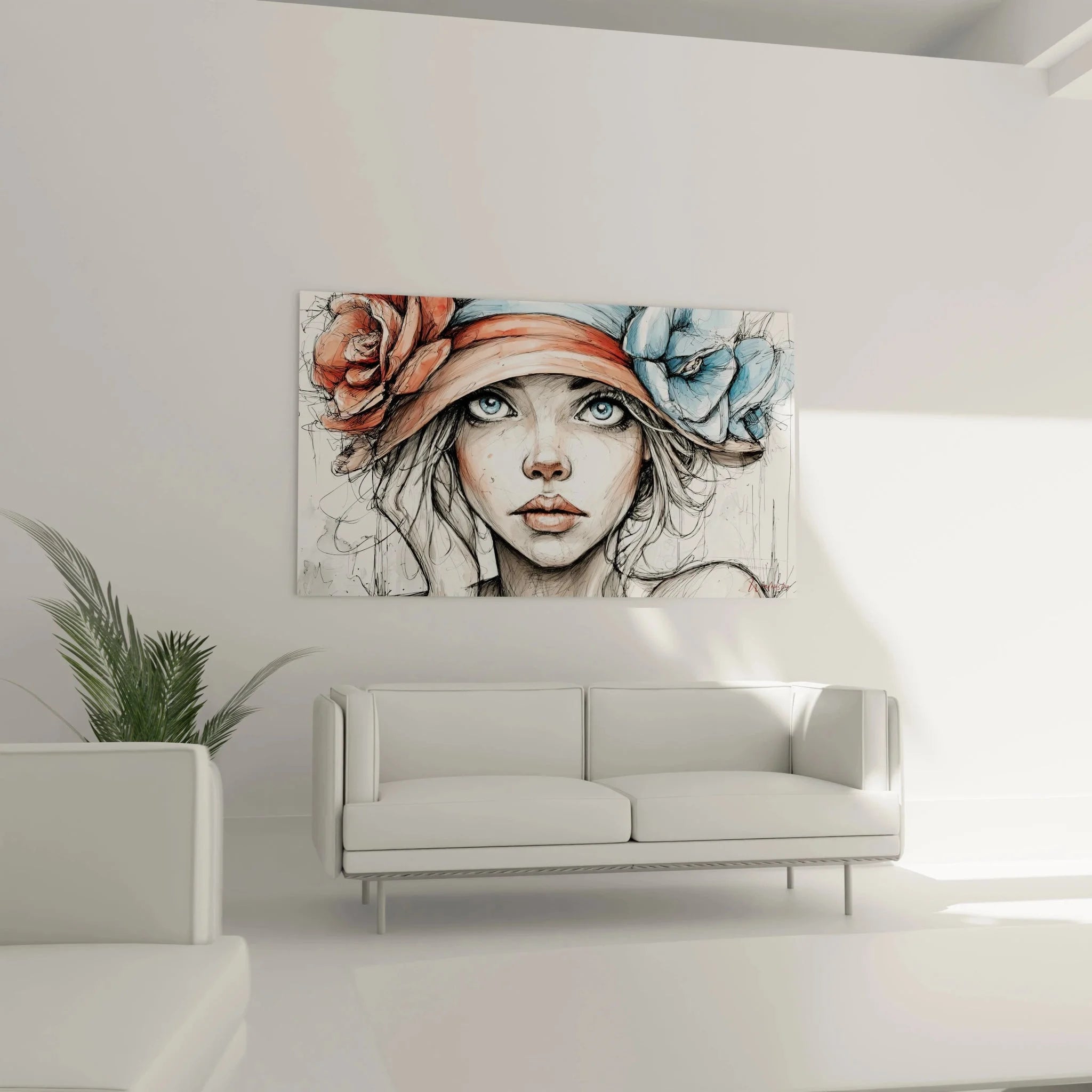 Detail Wandbild Frau blaue Augen Blumenkrone Modeillustration Aquarell nahaufnahme