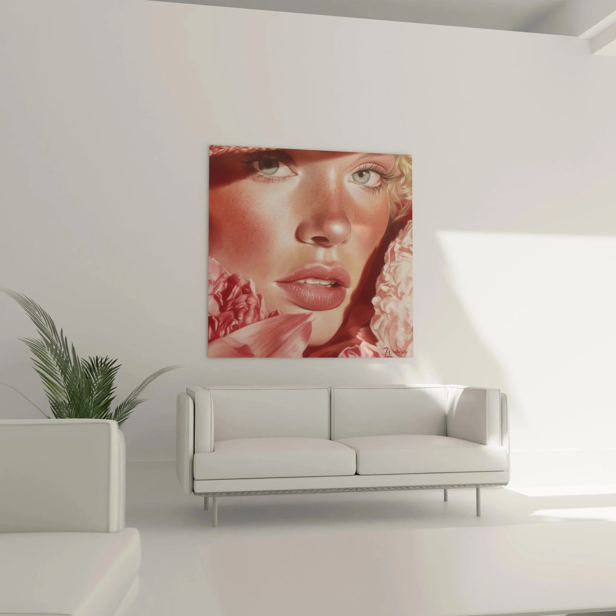 Detailansicht Wandbild feminine Schönheit - Frau mit grünen Augen und rosa Blumen