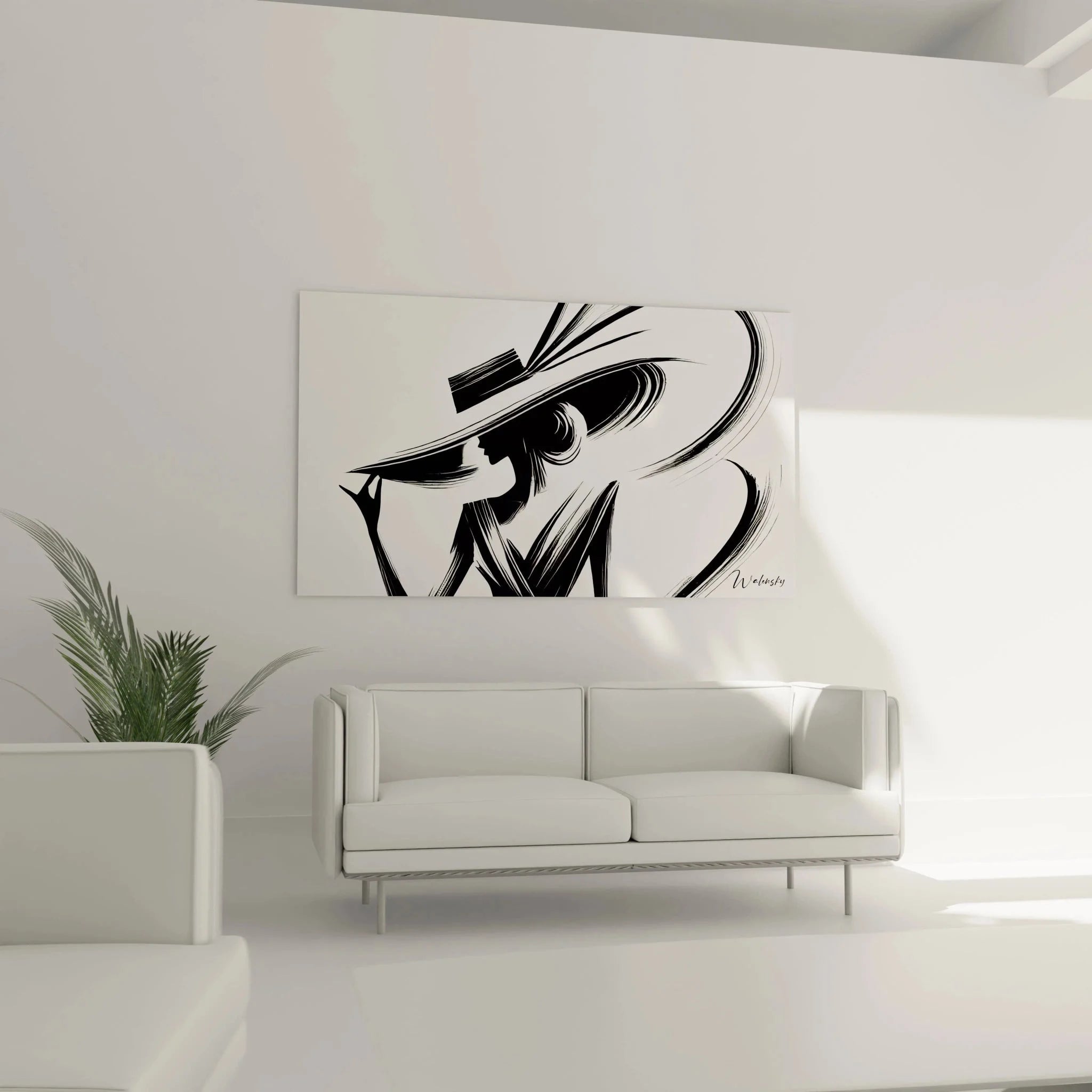 Detailansicht Wandbild elegante Frau, expressive schwarze Pinselstriche auf weißem Grund