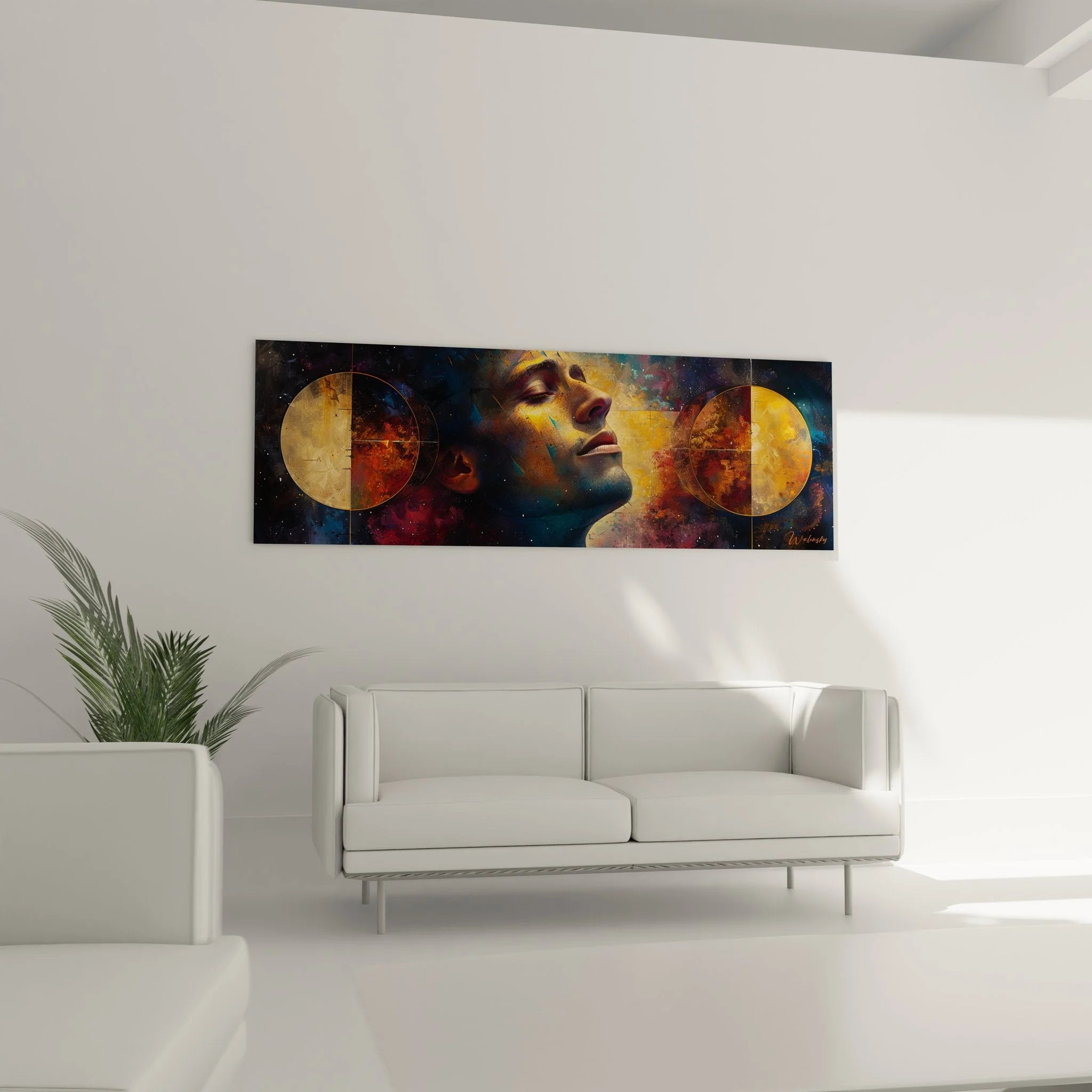 Detailansicht Wandbild Frauenprofil mit kosmischen Elementen - Figurativ abstrakte Kunstwerk Nahaufnahme