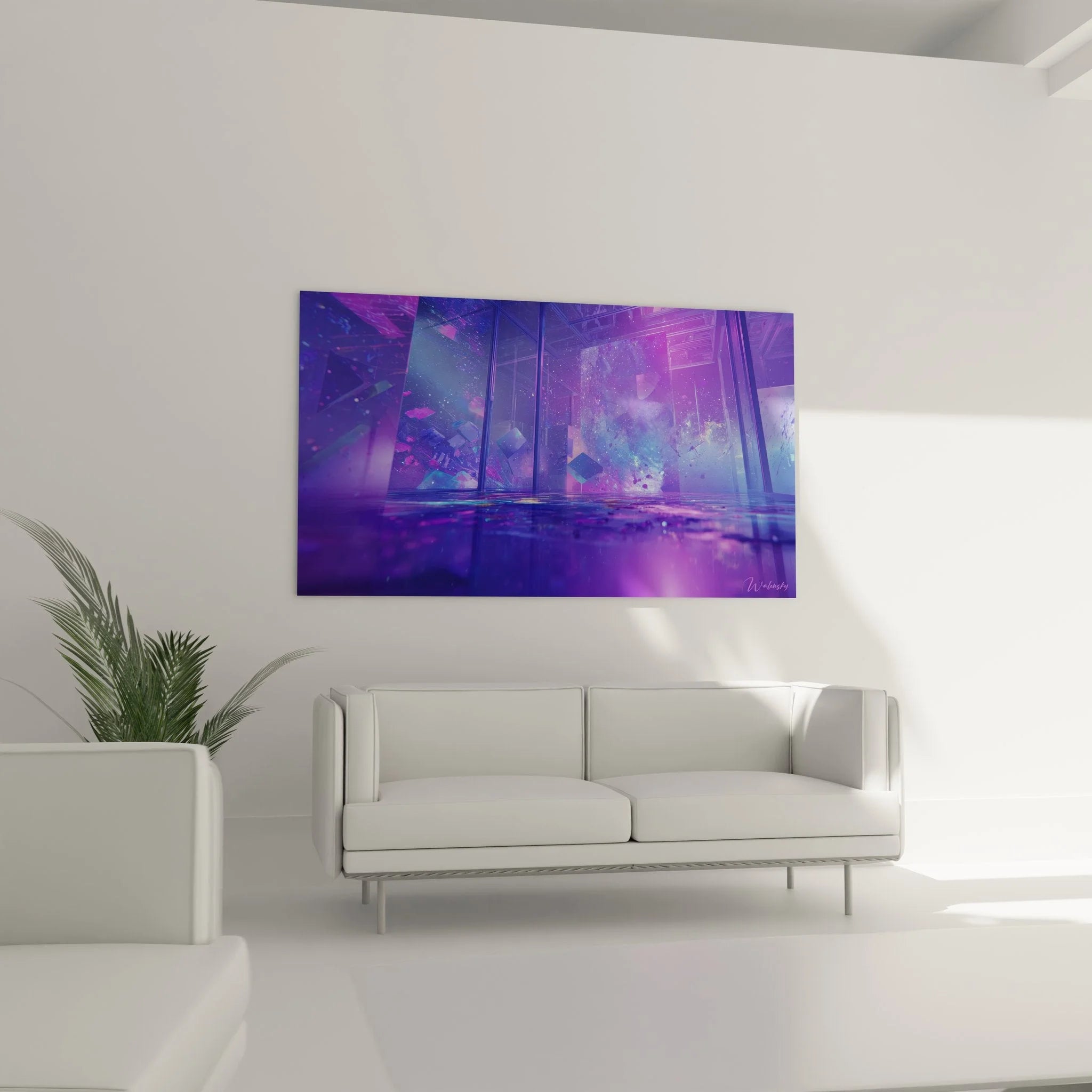 Detailansicht des futuristischen Wandbilds mit kristallinen Strukturen und leuchtenden Partikeln