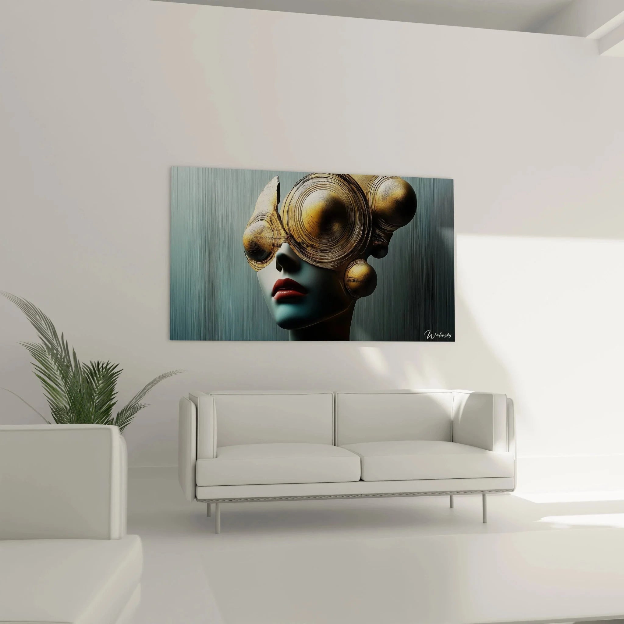 Detailansicht Wandbild futuristische Schönheit mit skulpturalen goldenen Spiralen und roten Lippen