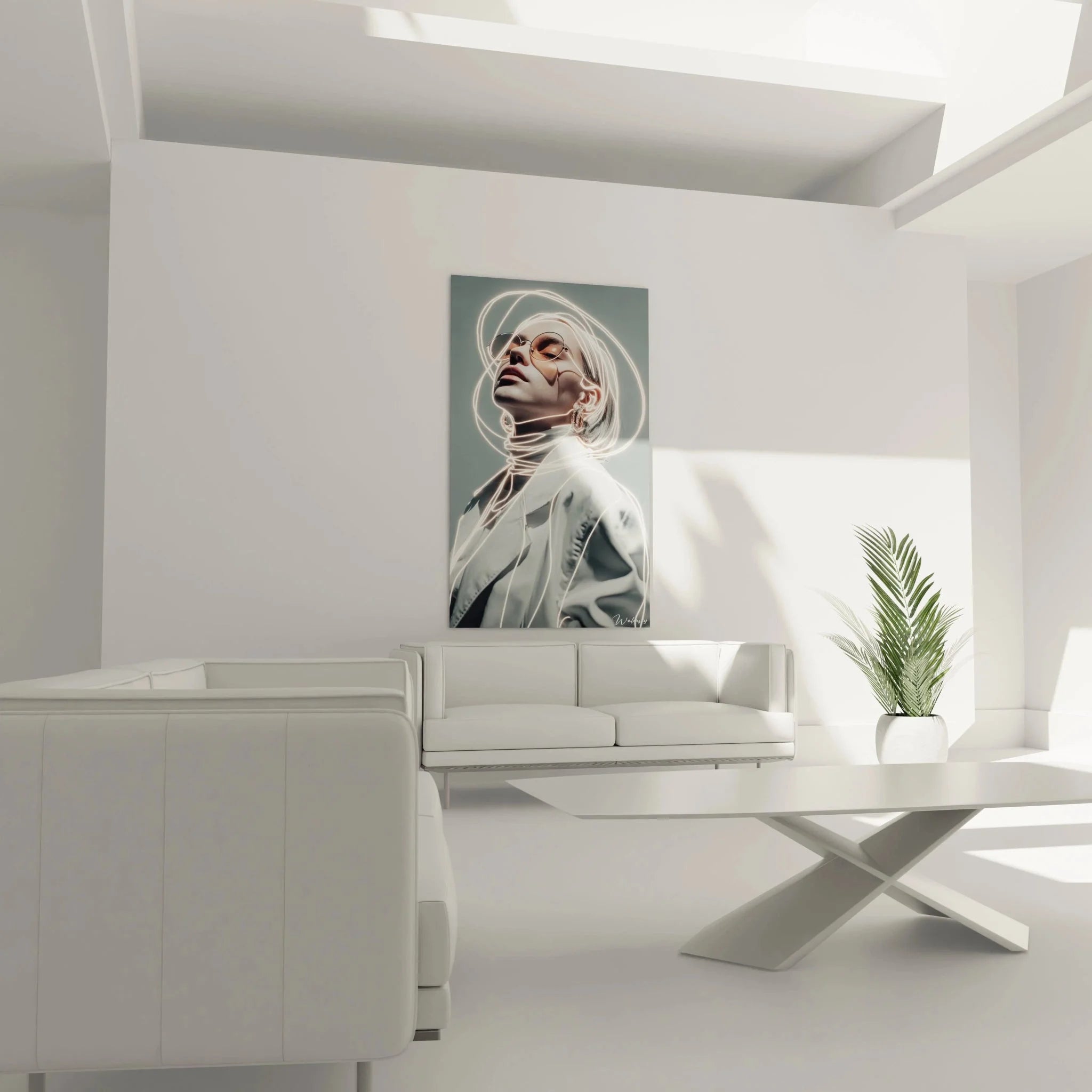 Detailansicht Wandbild Neon Art Modeillustration mit leuchtenden Konturen und Portraitkunst