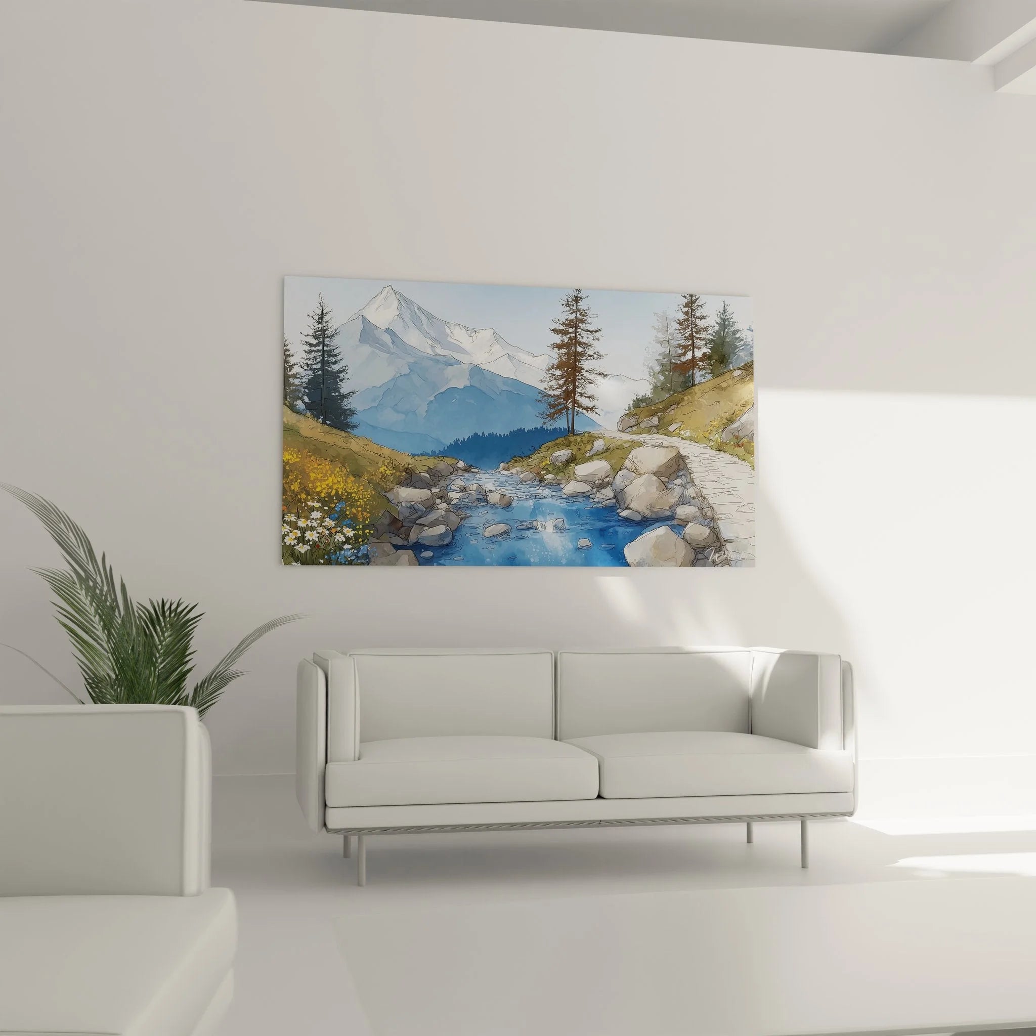 Detailansicht Wandbild Gebirgsbach - Wildblumen und Felsblöcke am kristallklaren Bergwasser