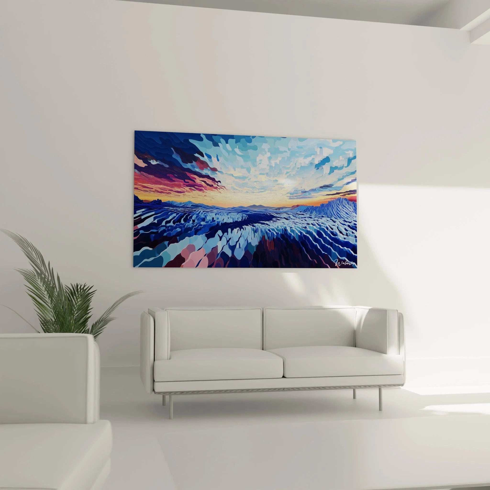 Detailaufnahme Wandbild Gebirgsmeer blaue Bergwellen Caspar David Friedrich Stil Nahansicht