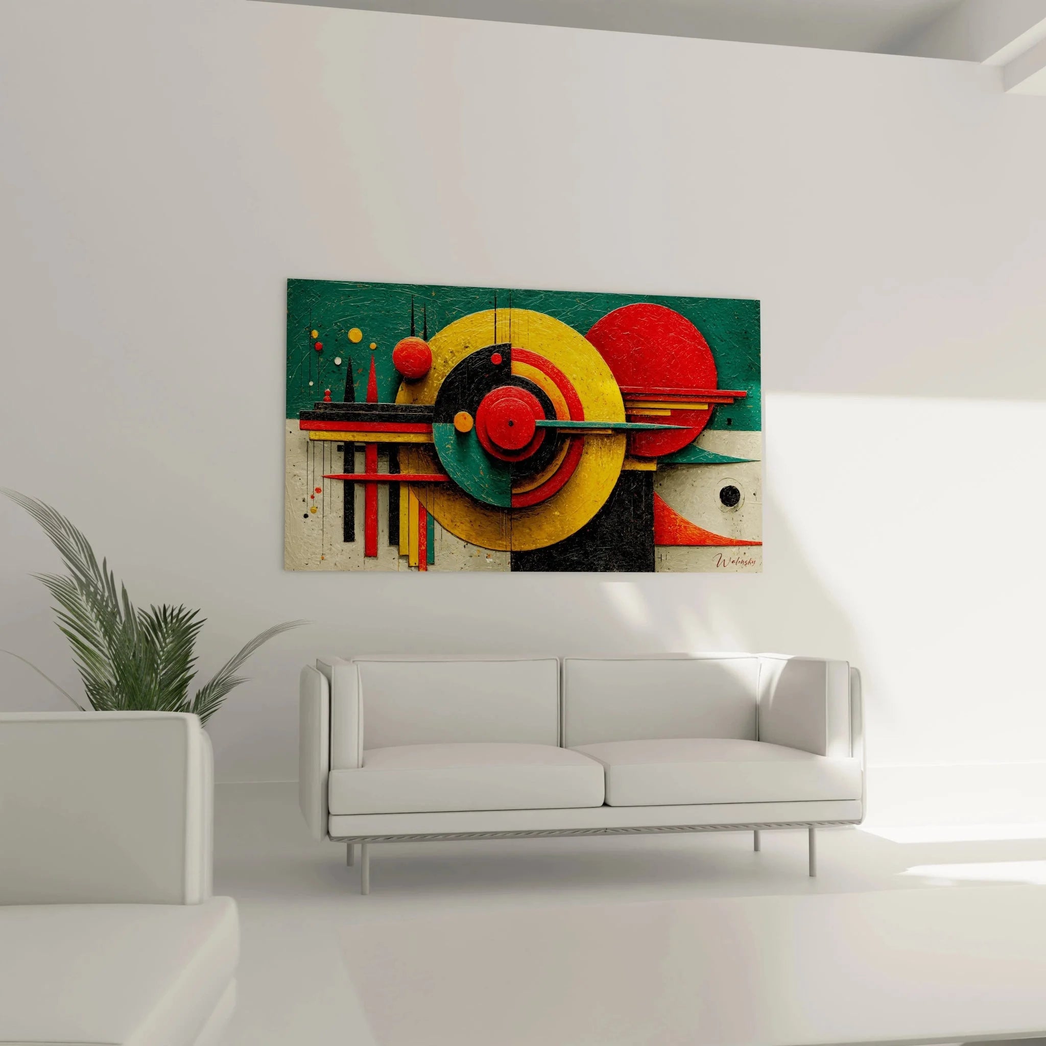 Detailaufnahme Wandbild geometrische Formen Bauhaus mit Texturen in leuchtenden Farben