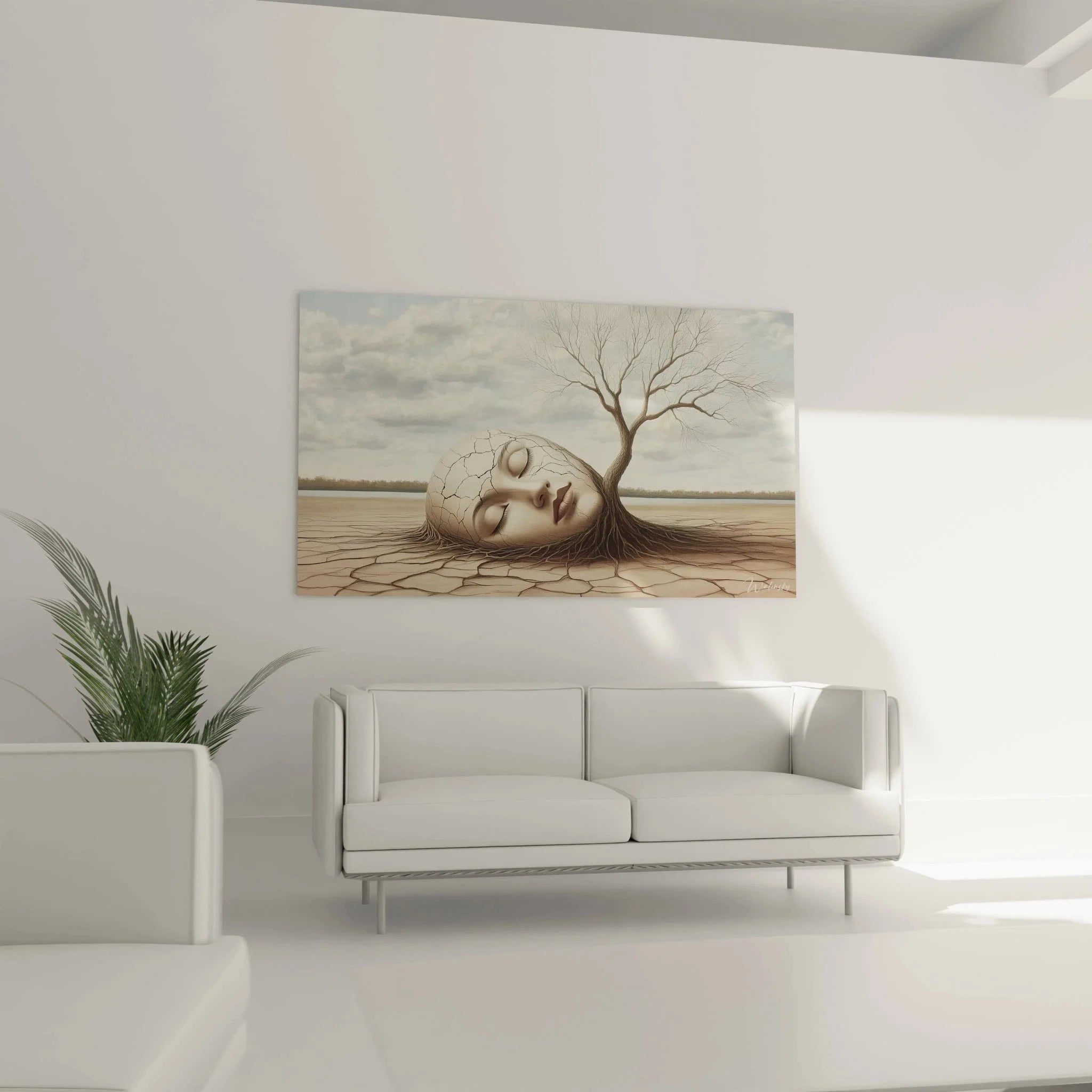 Detailansicht Wandbild träumendes Gesicht mit Rissen und entspringendem Baum - Edition Surrealismus