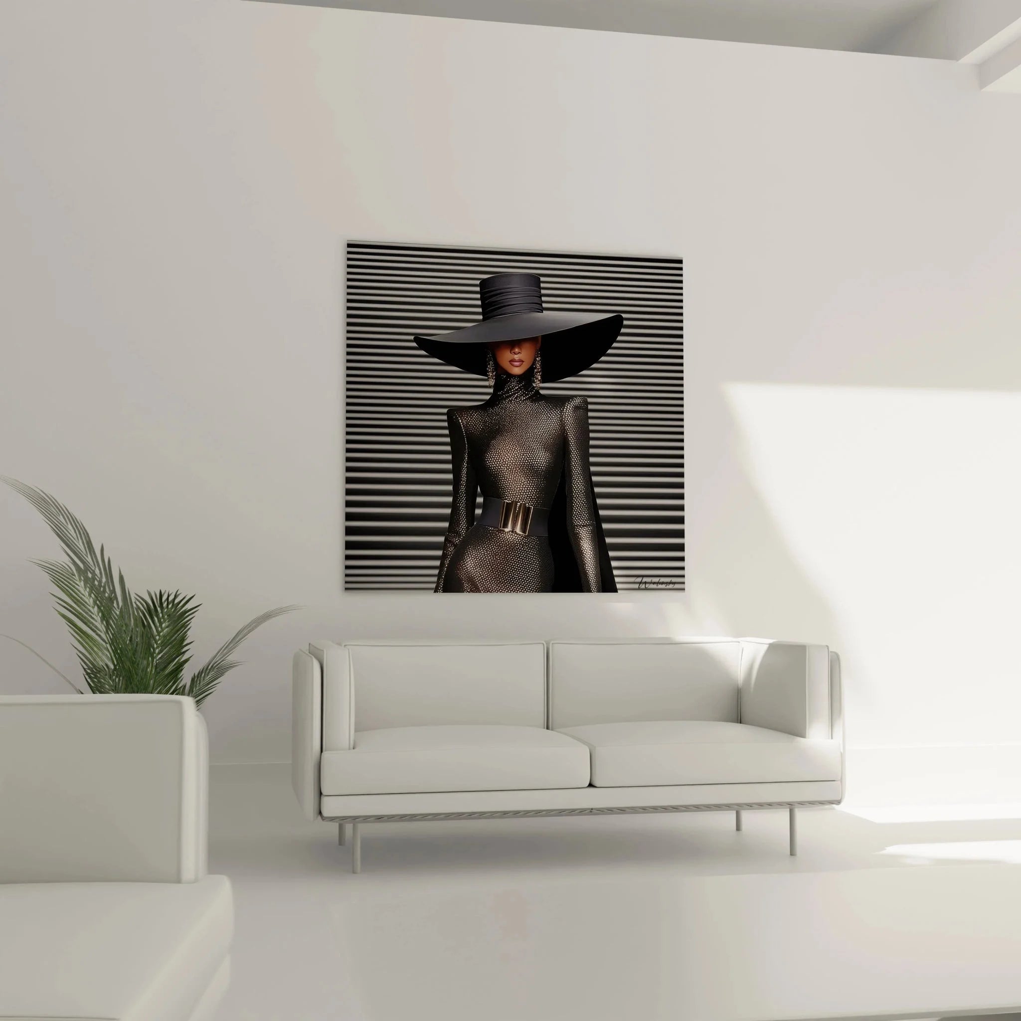 Detail Wandbild schwarzer Hut Glitzerkleid goldener Gürtel luxuriöse weibliche Eleganz Wandkunst