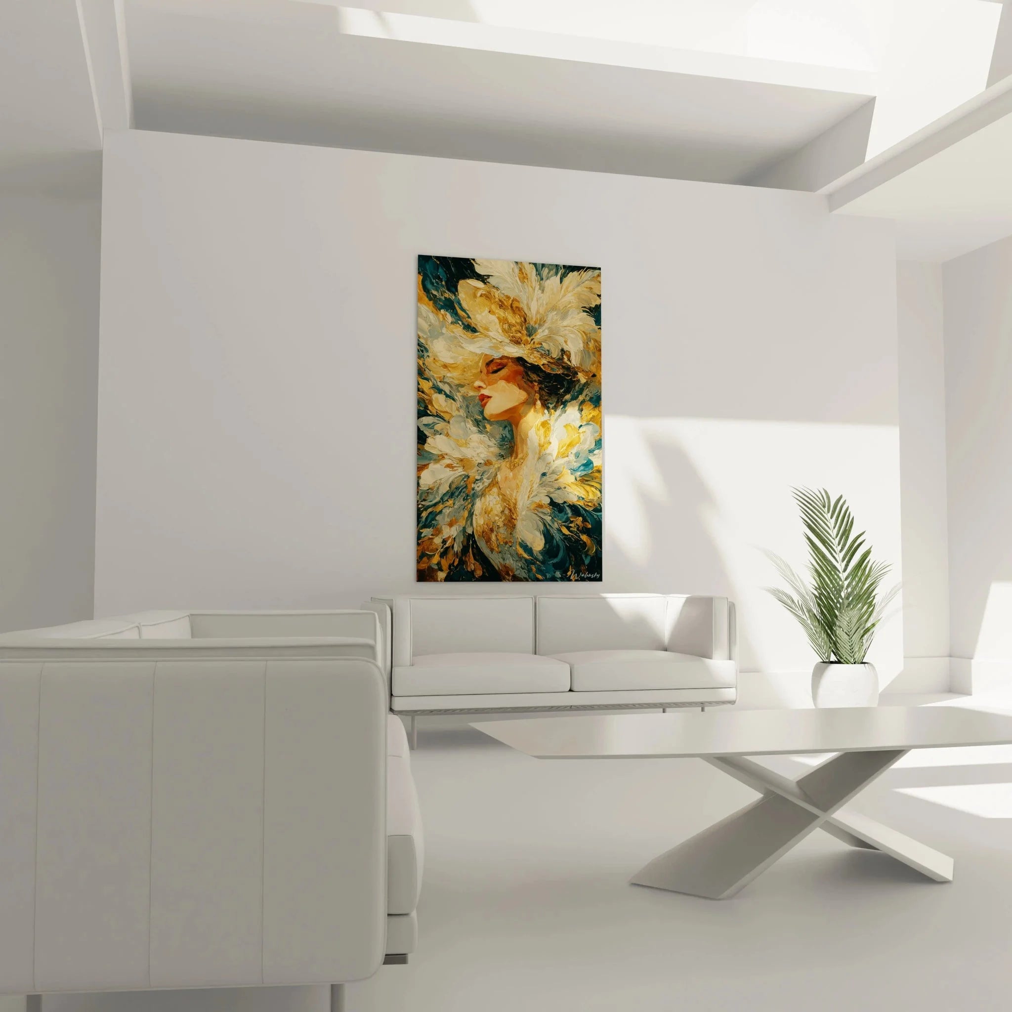 Detailansicht Wandbild goldene Federn - kunstvolle Pinselführung und Farbverläufe im Barock Stil