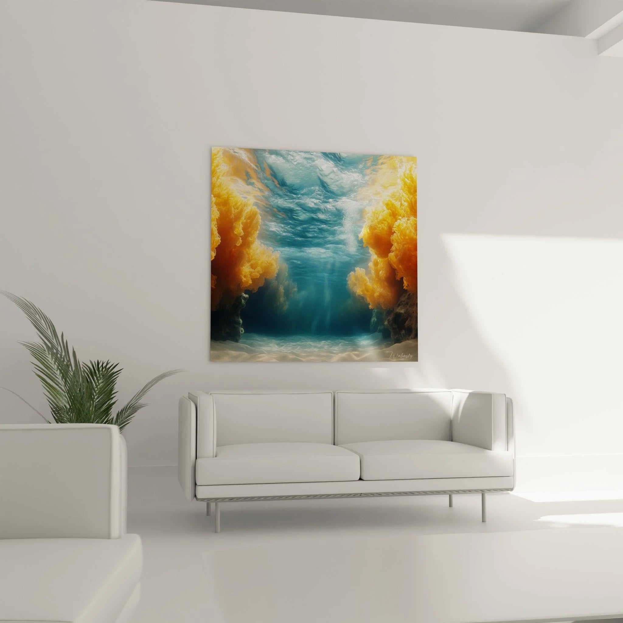 Detailansicht Wandbild goldene Sandpartikel im türkisen Wasser Wüstenkunst Nahaufnahme