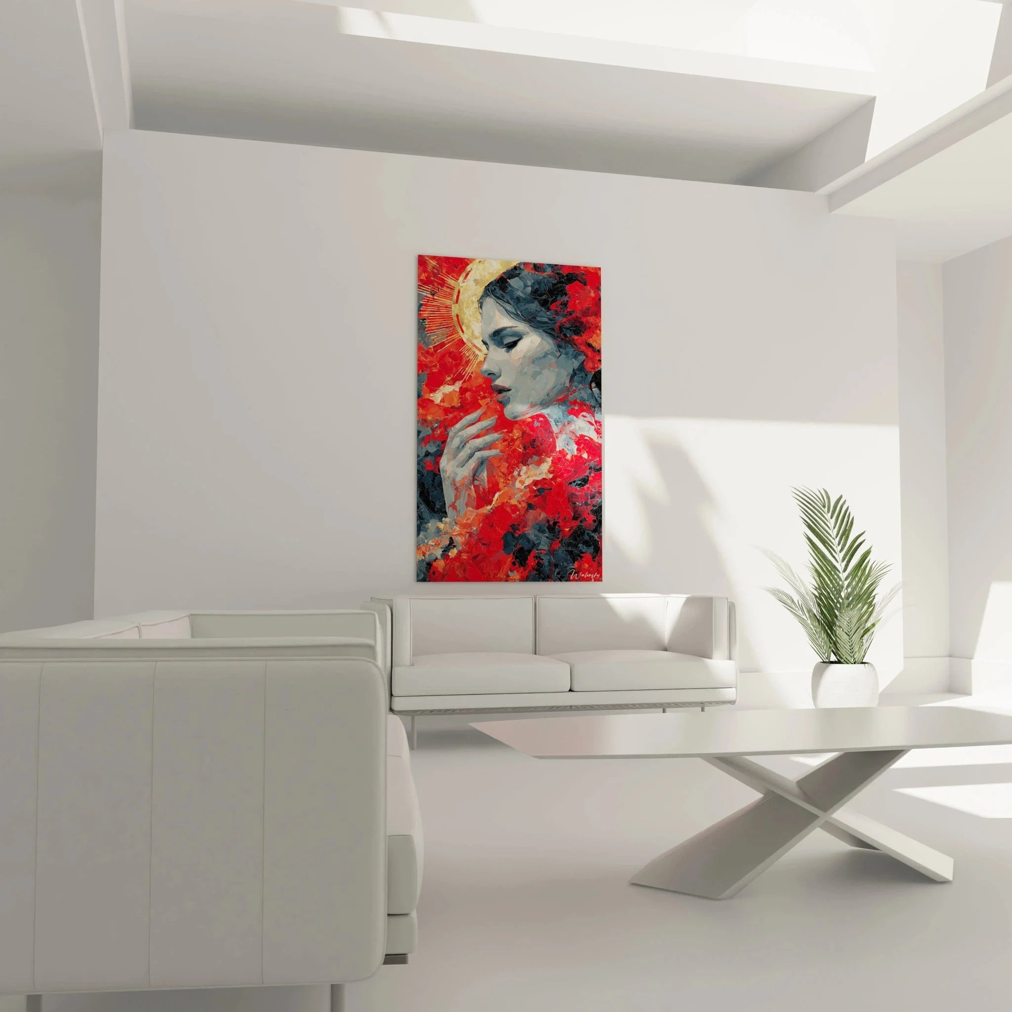 Detailaufnahme gotisches Wandbild Frau mit Heiligenschein, expressive Maltechnik in Rot und Grau