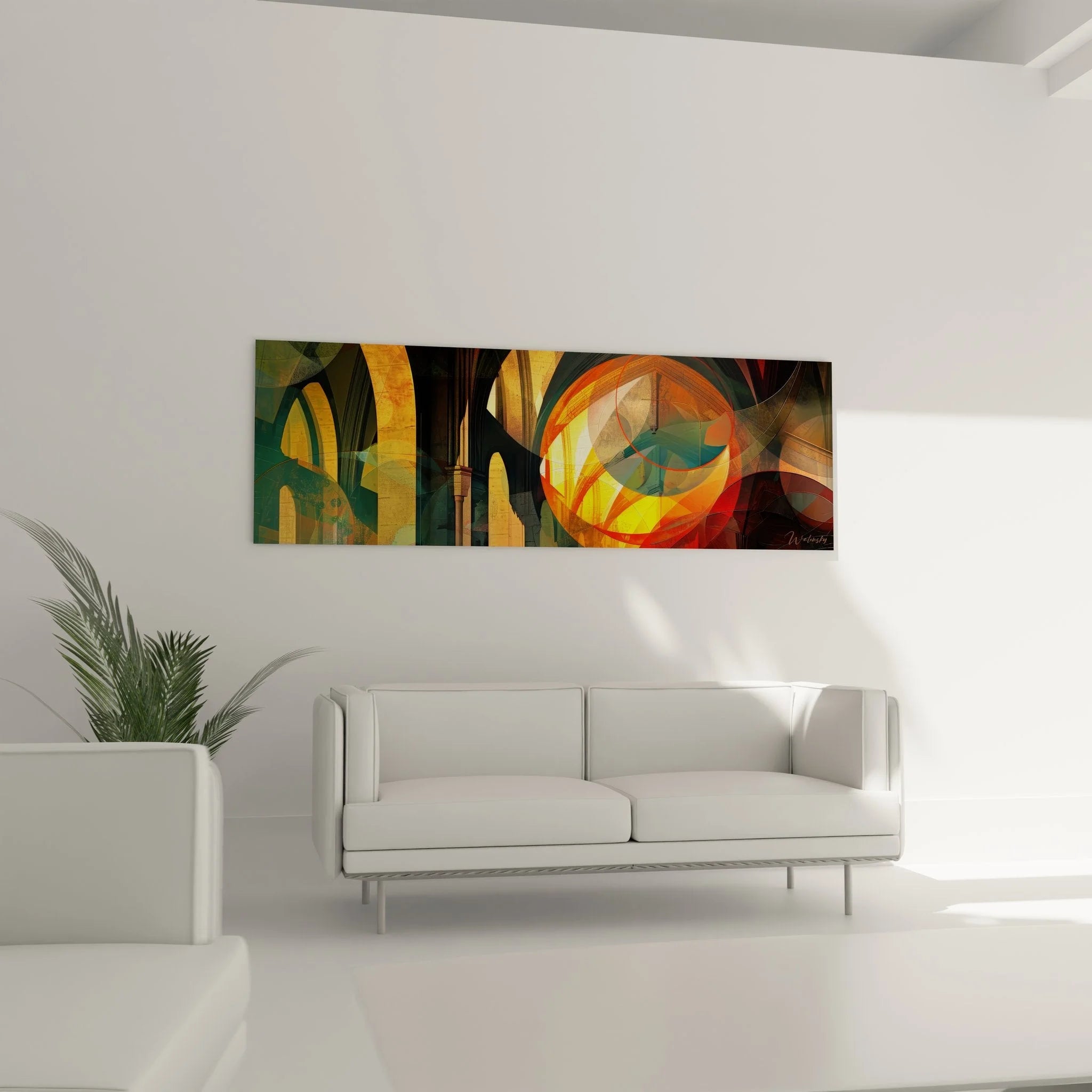 Detailansicht Wandbild gotische Säulen mit abstrakten geometrischen Überlagerungen