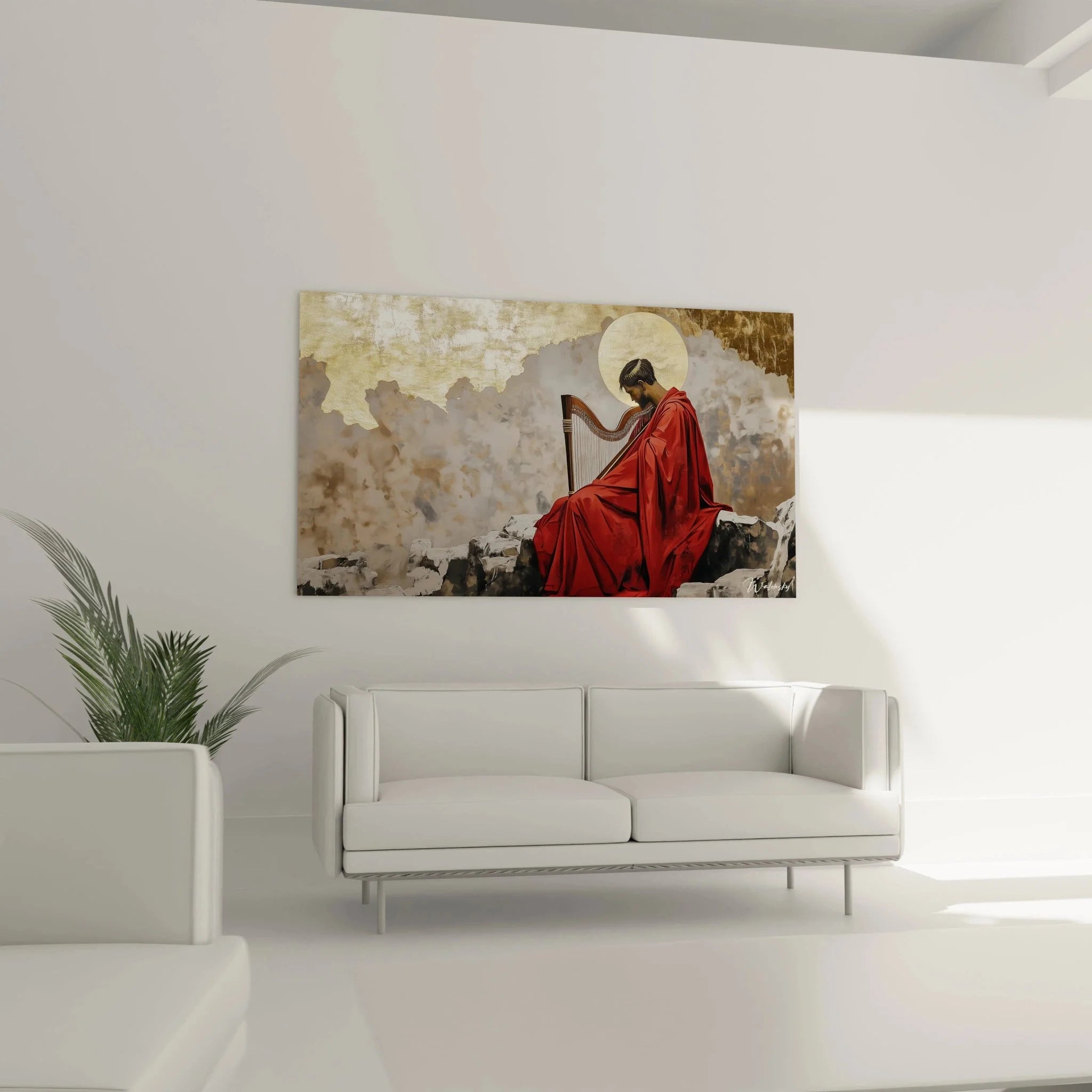 Detailansicht Wandbild Harfenspieler mit goldenen Heiligenschein, religiöse Kunst Ingres Stil