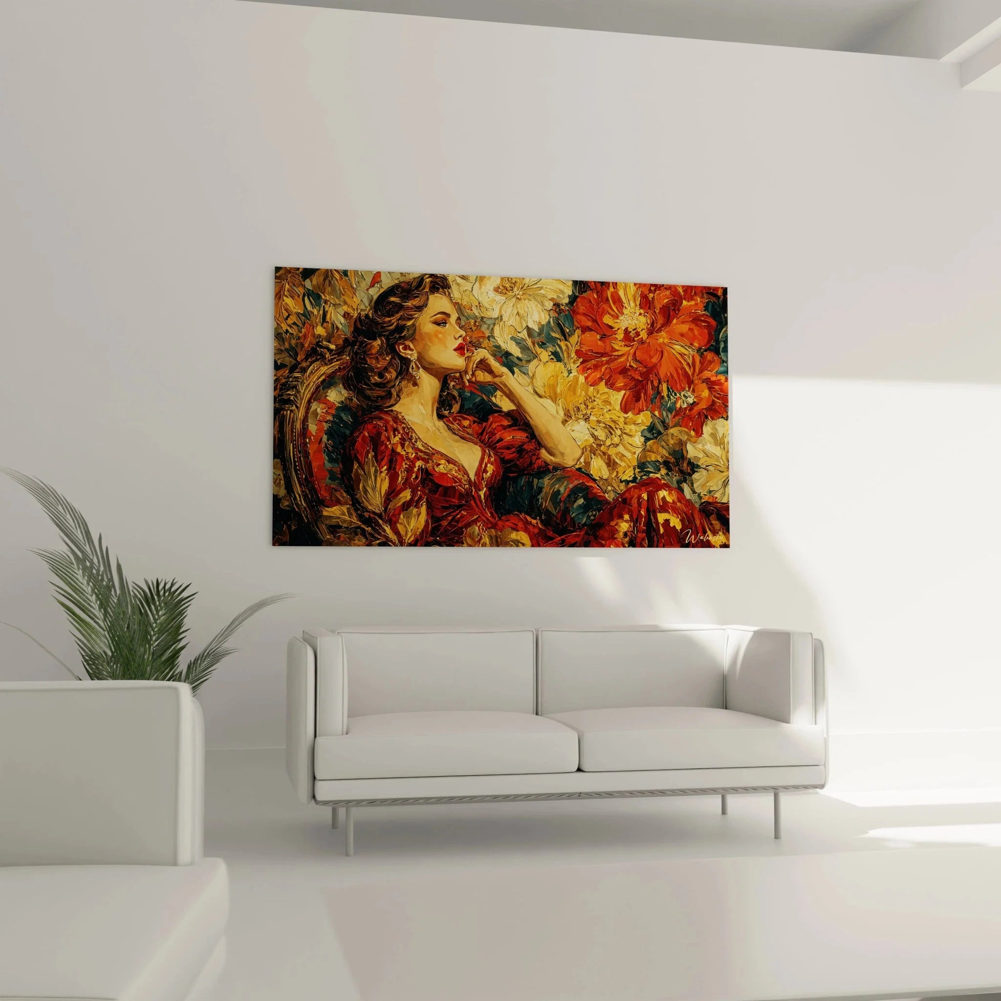 Detailansicht Wandbild herbstliche Blumen, kunstvolle Maltechnik in warmen Farbtönen