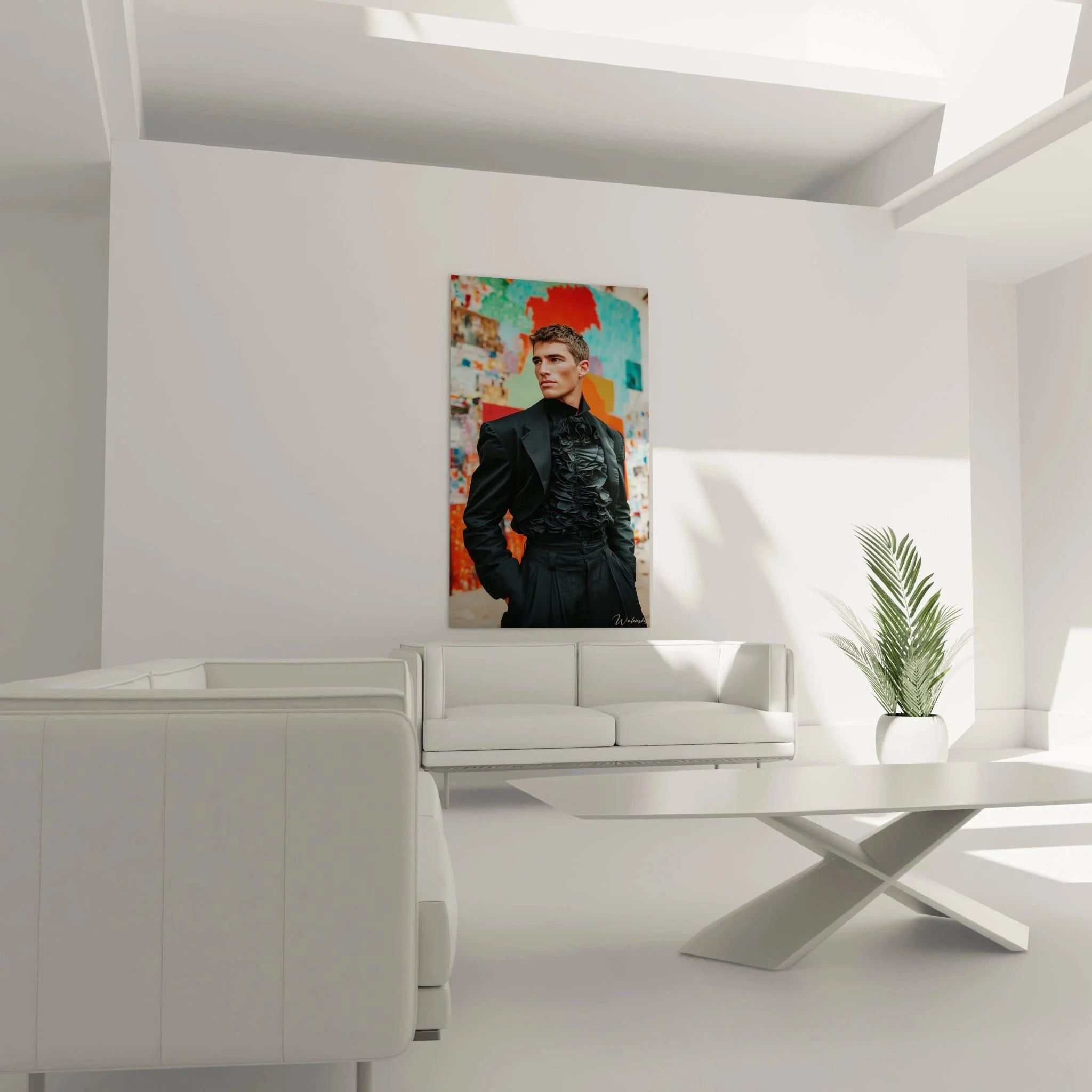 Detailansicht Wandbild eleganter Herr im schwarzen Anzug mit künstlerischen Farbakzenten