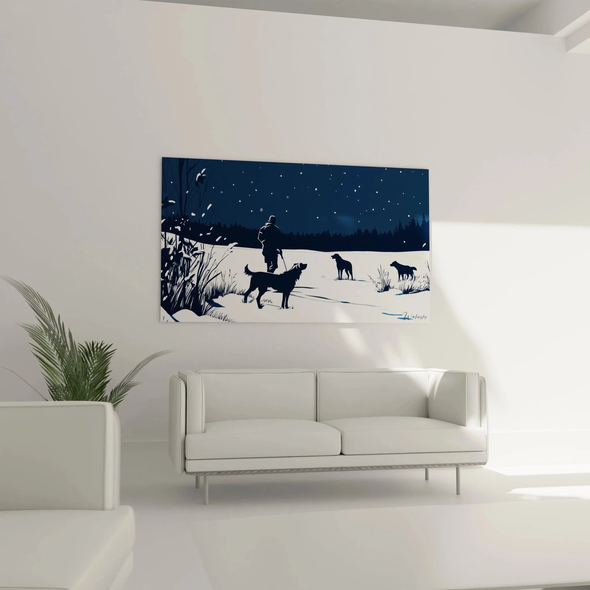 Detailansicht Wandbild Winterszene - Hirte Silhouette mit Hunden im Schnee bei Mondschein