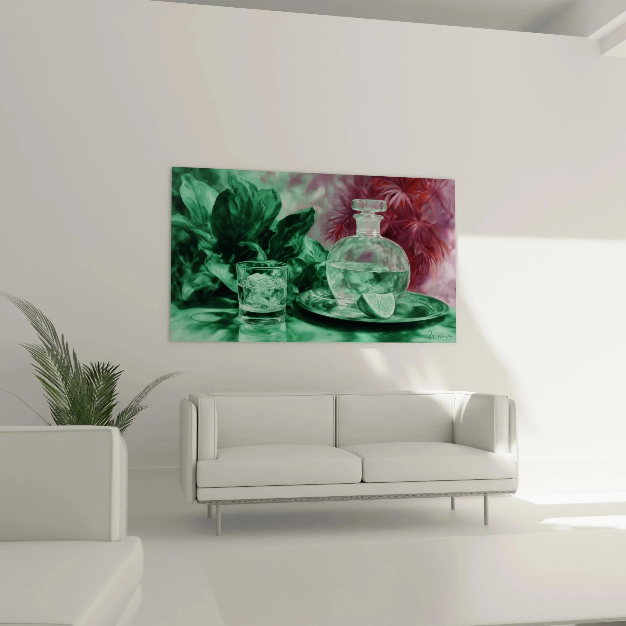 Detailansicht hyperrealistisches Wandbild - Glaskaraffe mit Lichtreflexionen und Eiswürfel