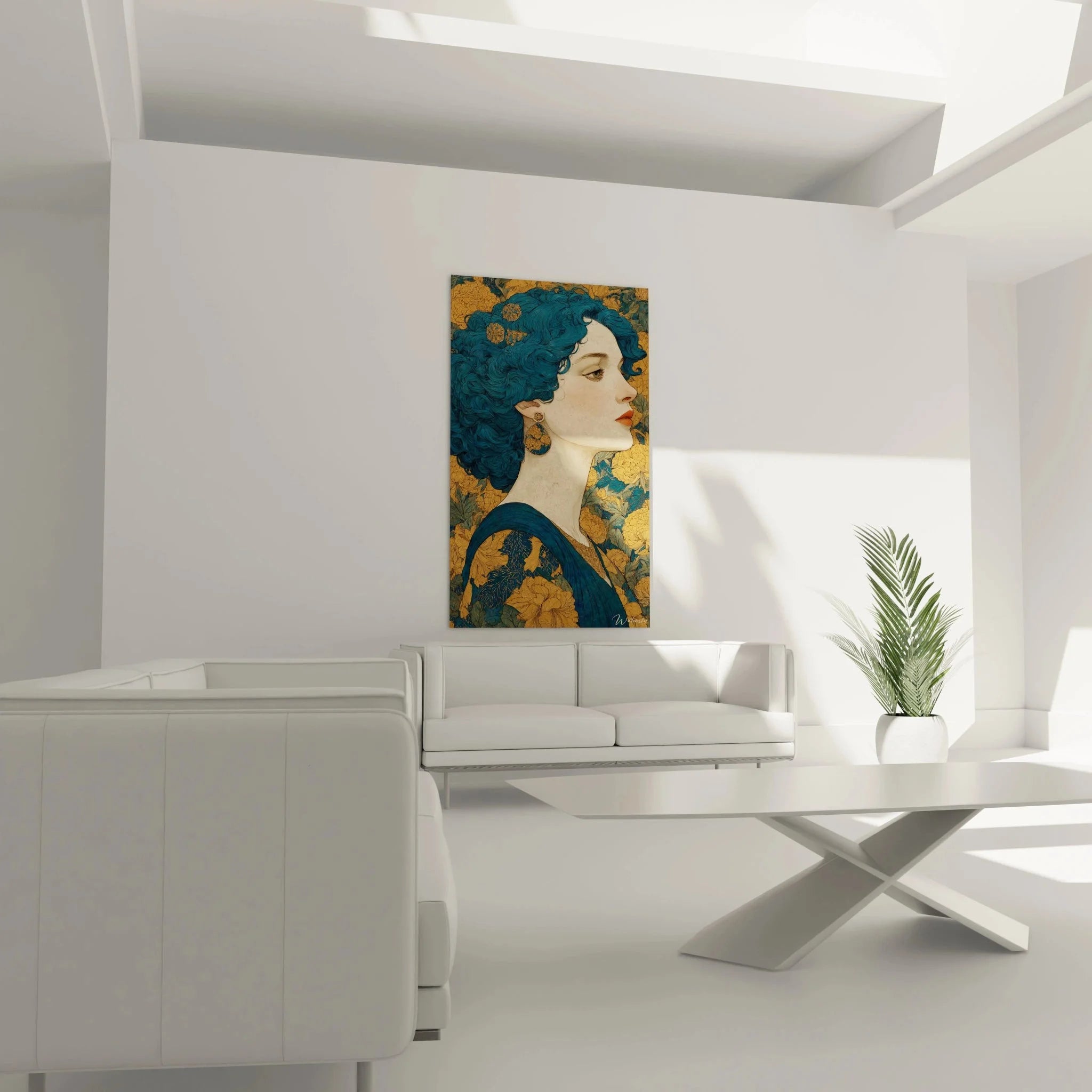 Detailansicht Wandbild Jugendstil Frau Gesicht blaue Haare florale Ohrringe