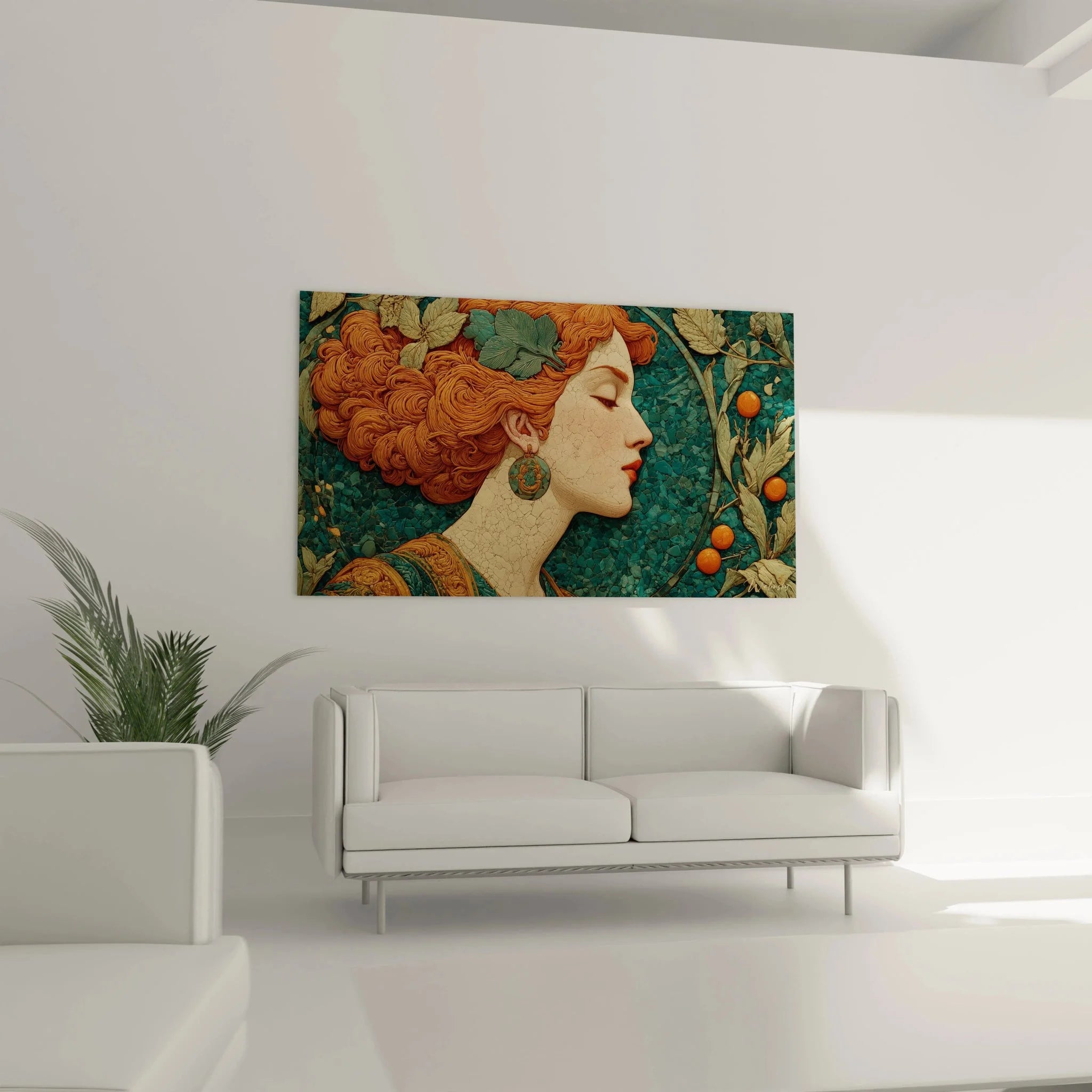 Detailansicht Wandbild Jugendstil Frau, kunstvolle Haargestaltung und ornamentale Elemente im Art Nouveau Design