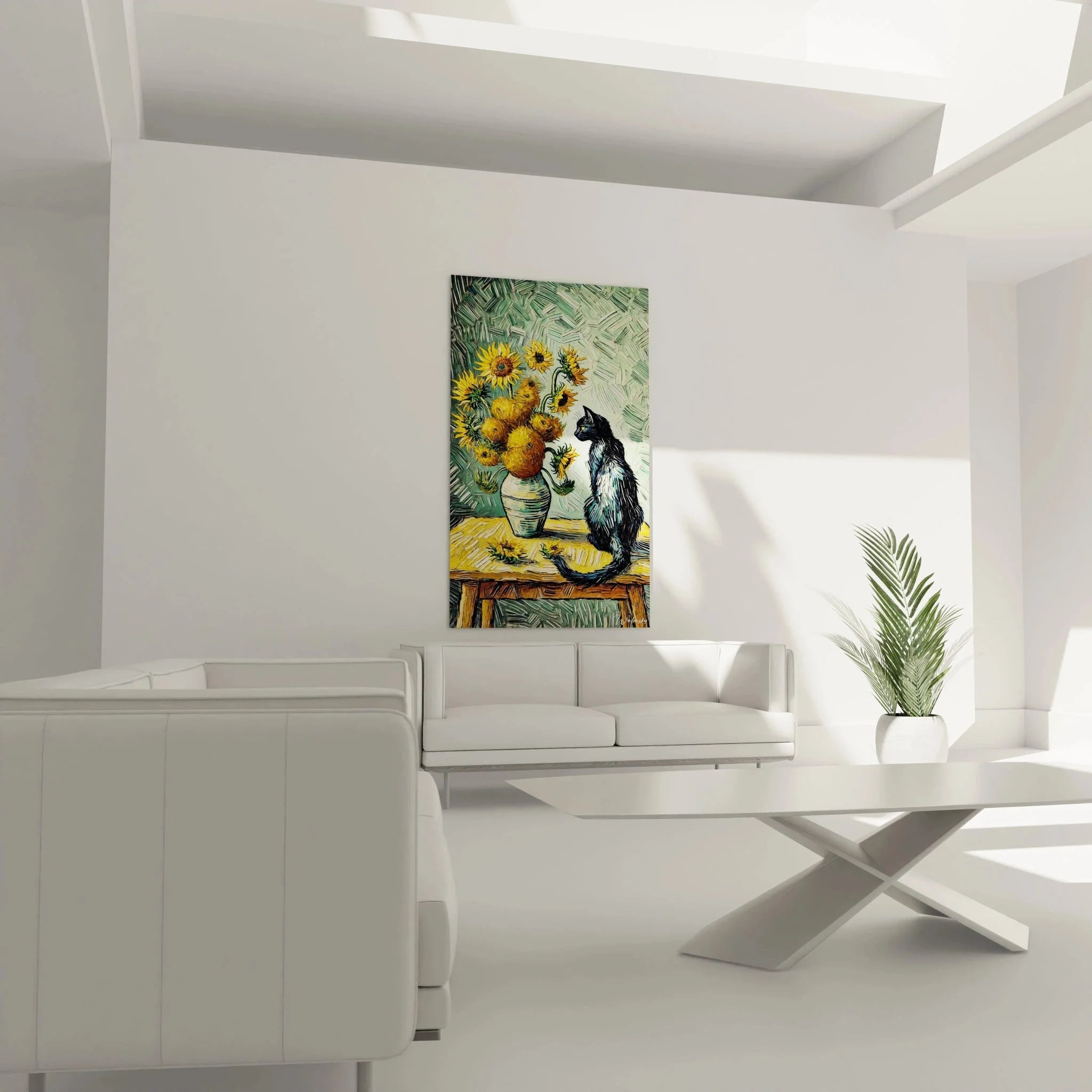 Detailansicht Wandbild Katze Sonnenblumen Van Gogh Pinselstriche Nahaufnahme