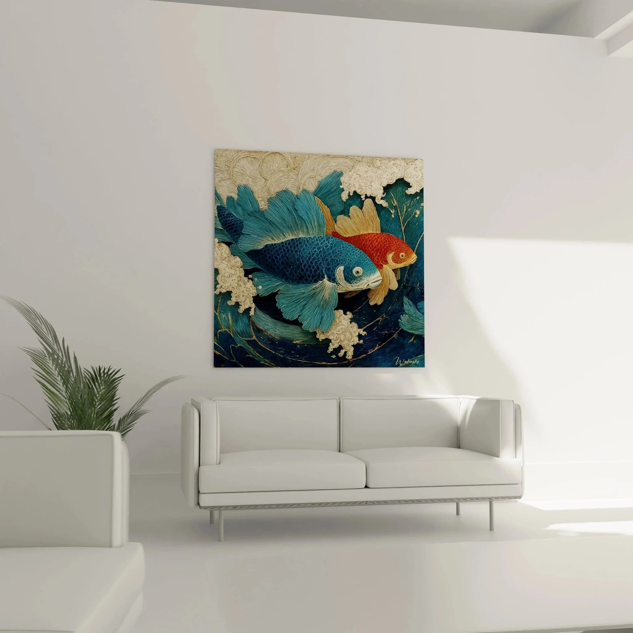 Detailansicht Wandbild Koi-Karpfen - kunstvolle Schuppenzeichnung und ornamentale Wasserstrudel