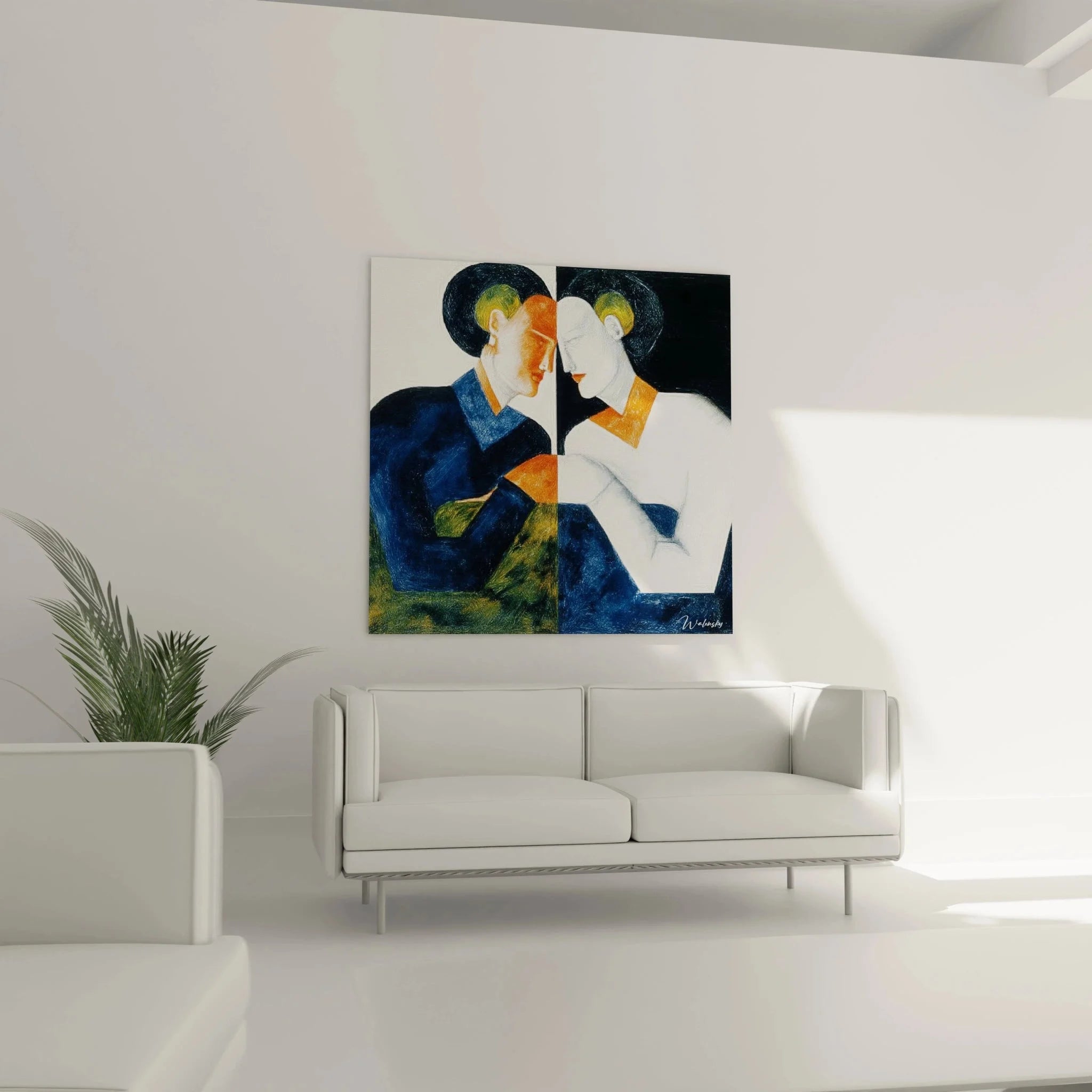 Detailansicht Wandbild Liebespaar Konstruktivismus mit geometrischen Gesichtskonturen und Farbkontrasten