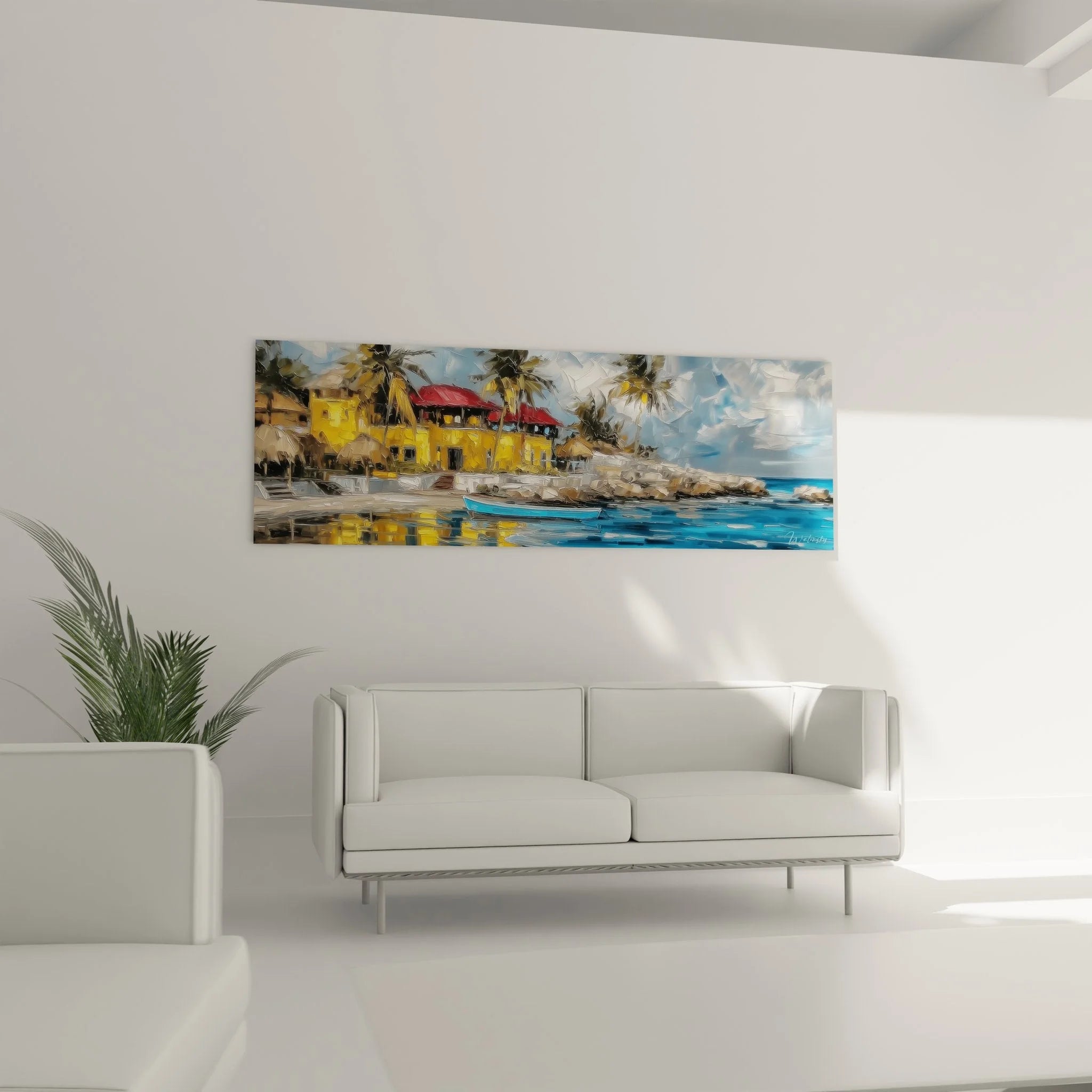 Detailansicht Wandbild mediterrane Küste - gelbe Architektur und Boot im türkisen Wasser