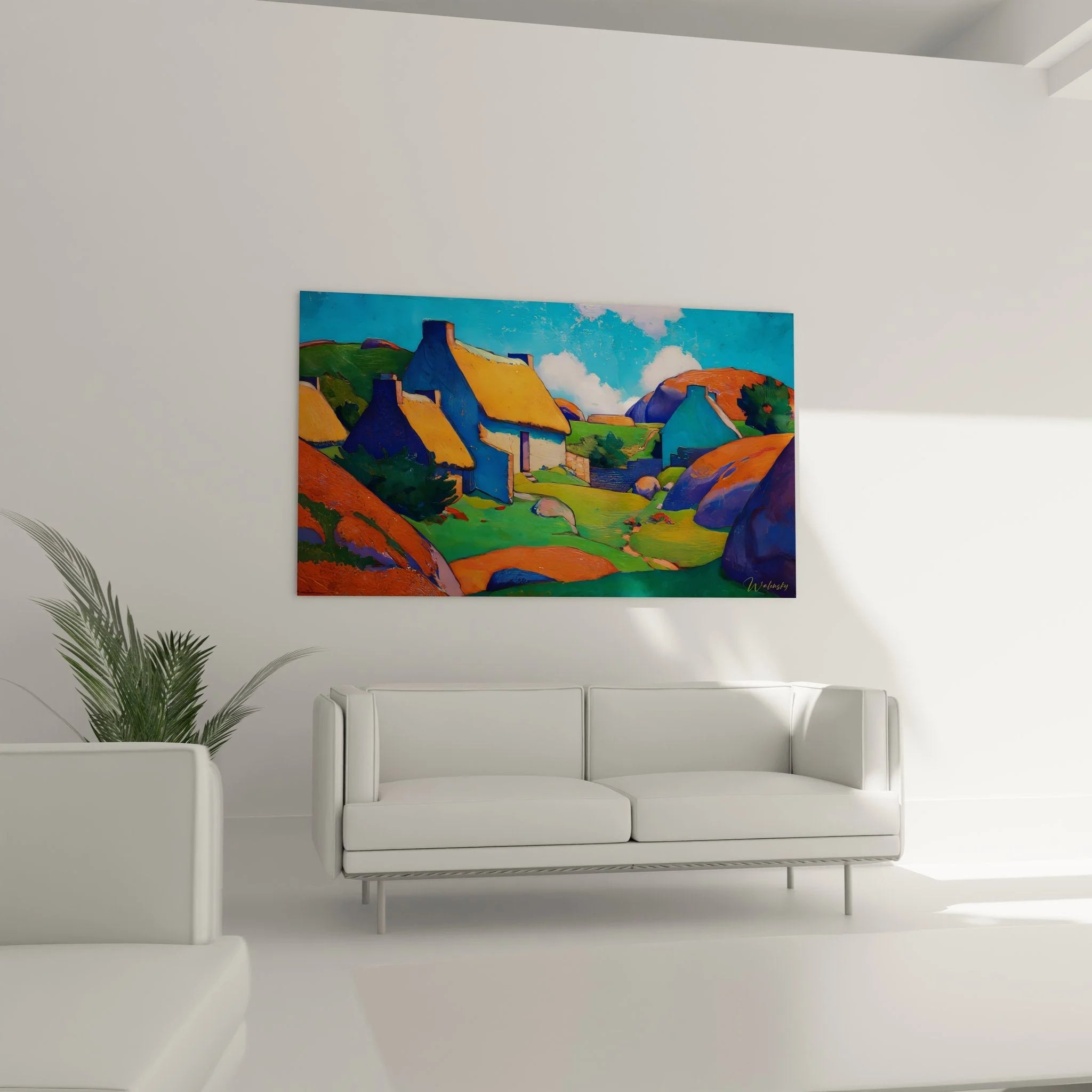 Detailansicht vom Wandbild Landschaft mit bunten Dorfhäusern und leuchtenden Farben