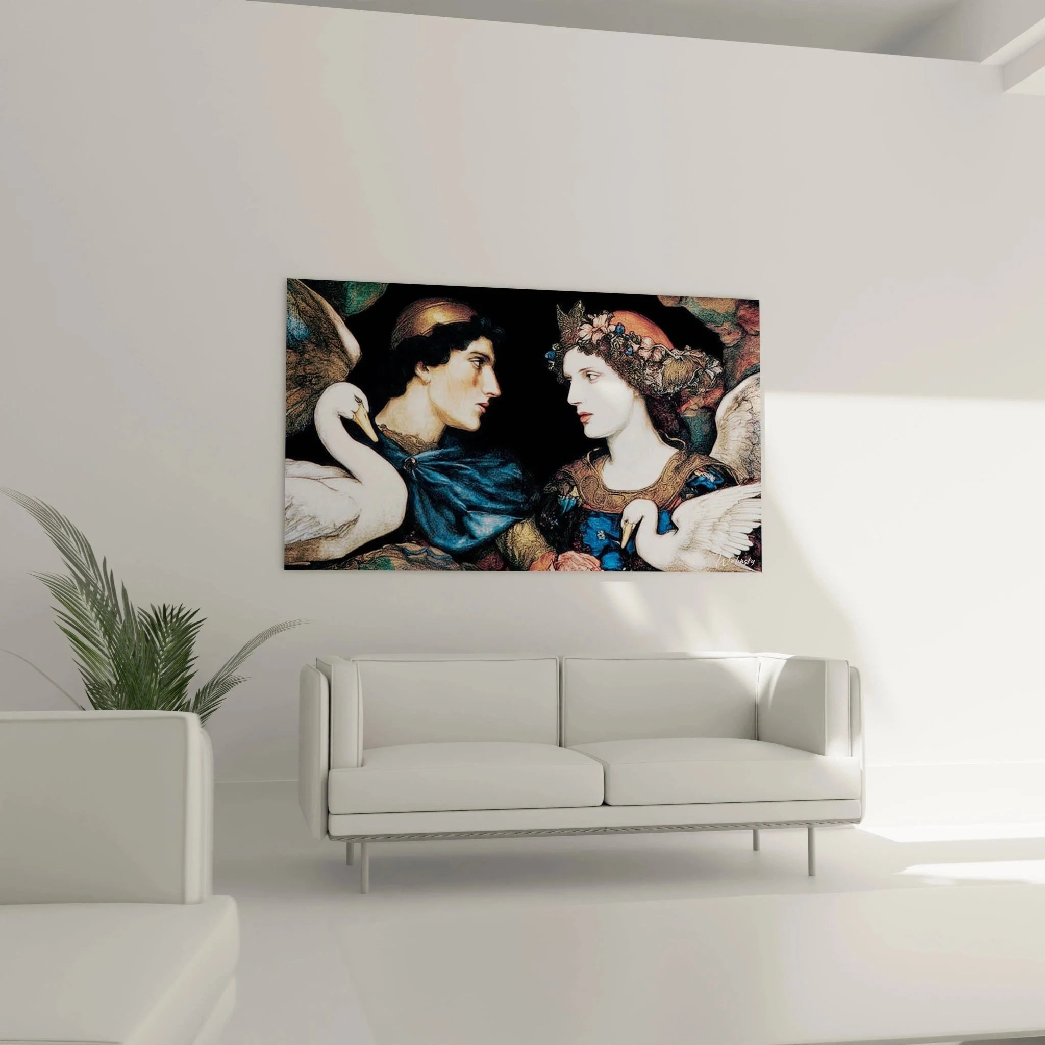 Detailansicht präraffaelitisches Wandbild zeigt liebevolles Paar mit kunstvollen Gewändern und Blütenschmuck