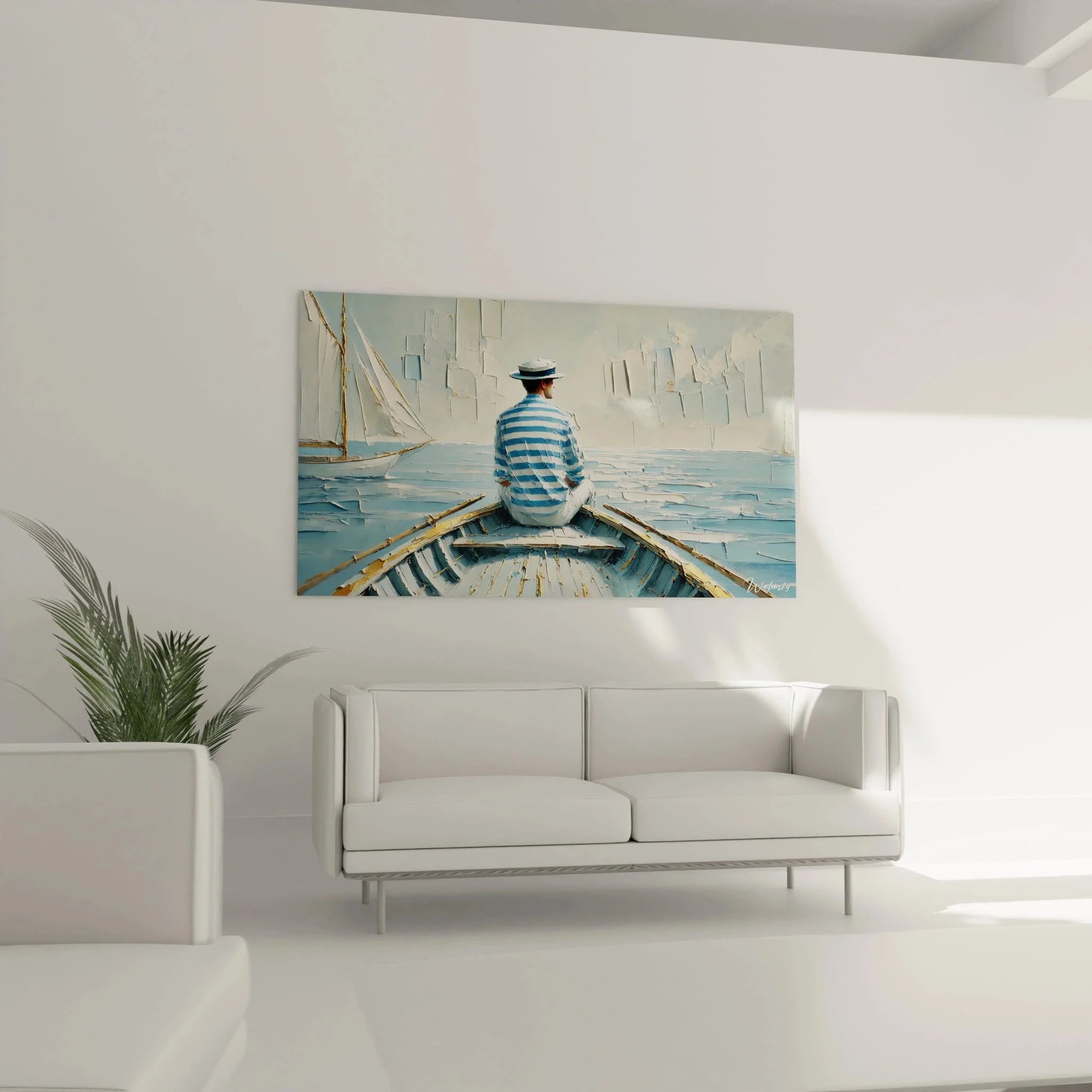 Detailansicht Wandbild Matrose mit blau-weißem Trikot und Segelboot, maritime Spachteltechnik