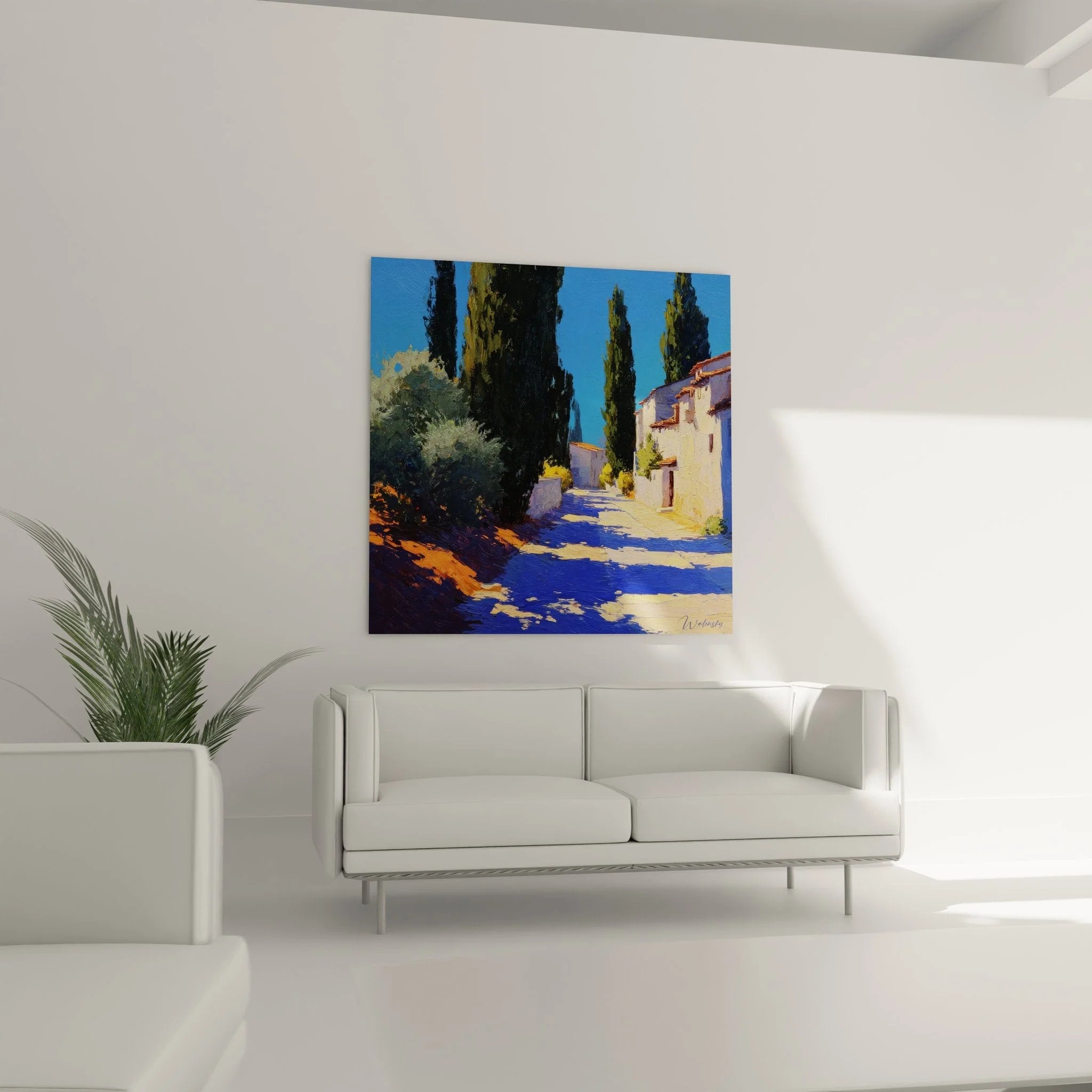 Detailansicht Wandbild mediterrane Gasse mit warmer Farbpalette und Steinarchitektur