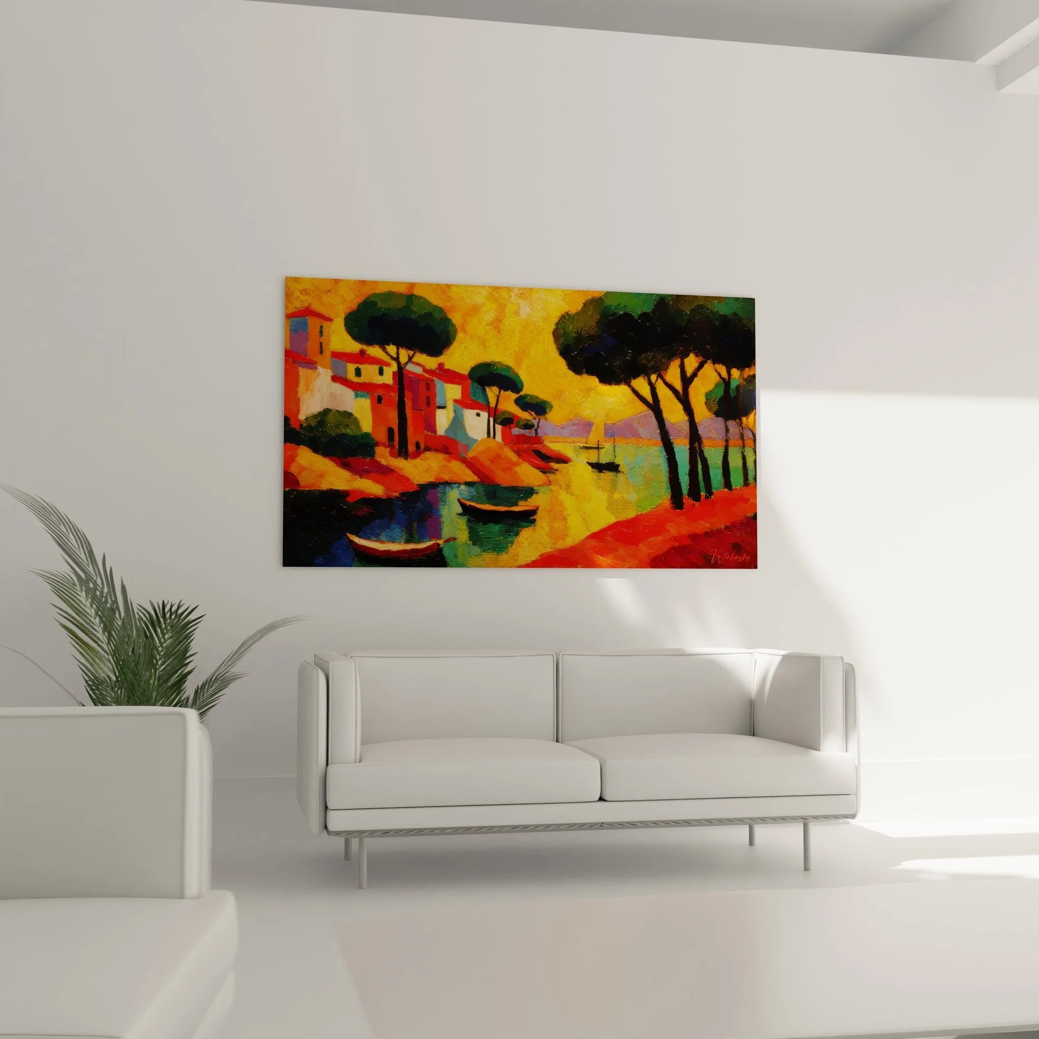 Detailansicht Wandbild mediterrane Küste mit Fischerbooten und charakteristischen Pinien