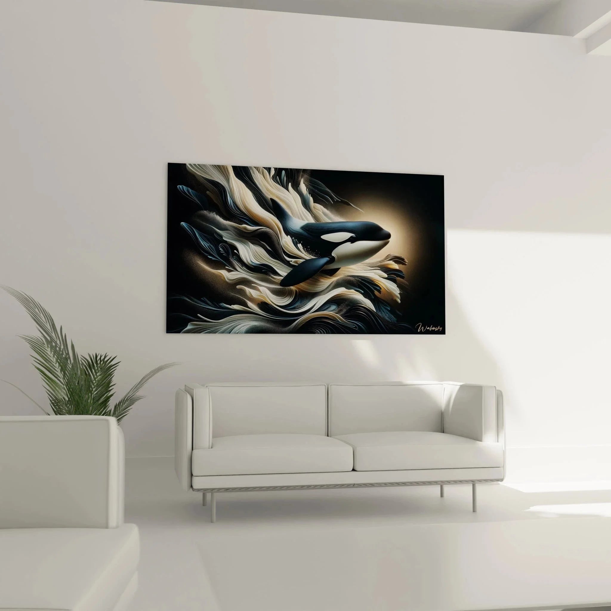 Detailansicht Wandbild Orca - abstrakte Wellenstrukturen und realistische Schwertwal-Darstellung
