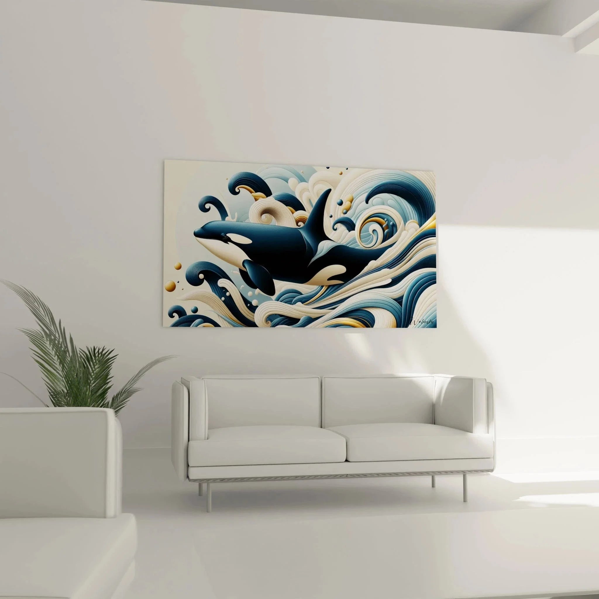 Detailansicht Wandbild Orca, kunstvolle japanische Wellenstrukturen mit Schwarz-Weiß Killerwal