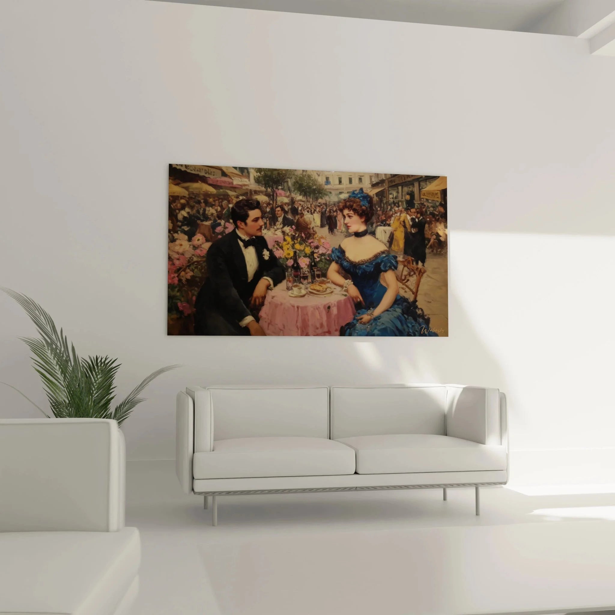 Detailansicht Wandbild Café Romantik - Elegantes Paar im blauen Kleid und Smoking am Pariser Bistrotisch