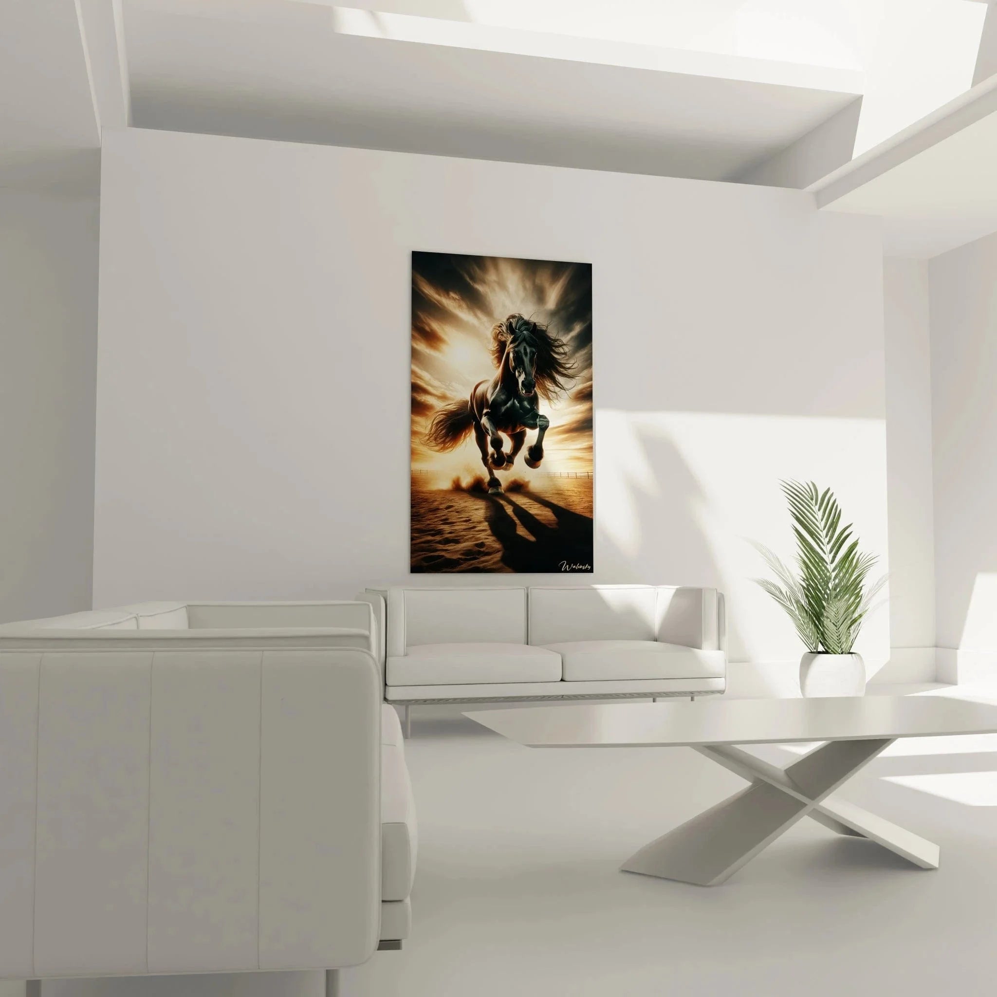 Detailansicht Wandbild Pferd - schwarze Mähne im Wind bei dramatischem Sonnenuntergangslicht