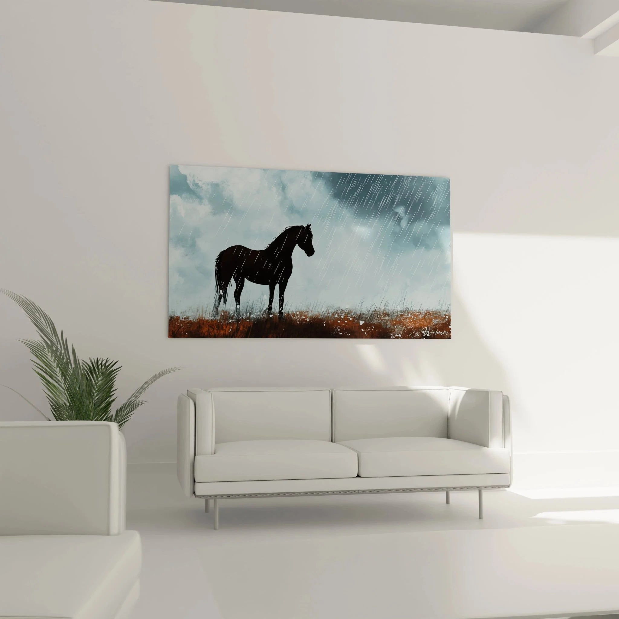 Detailansicht Wandbild Pferd Regen Tropfen schwarze Silhouette dramatische Stimmung