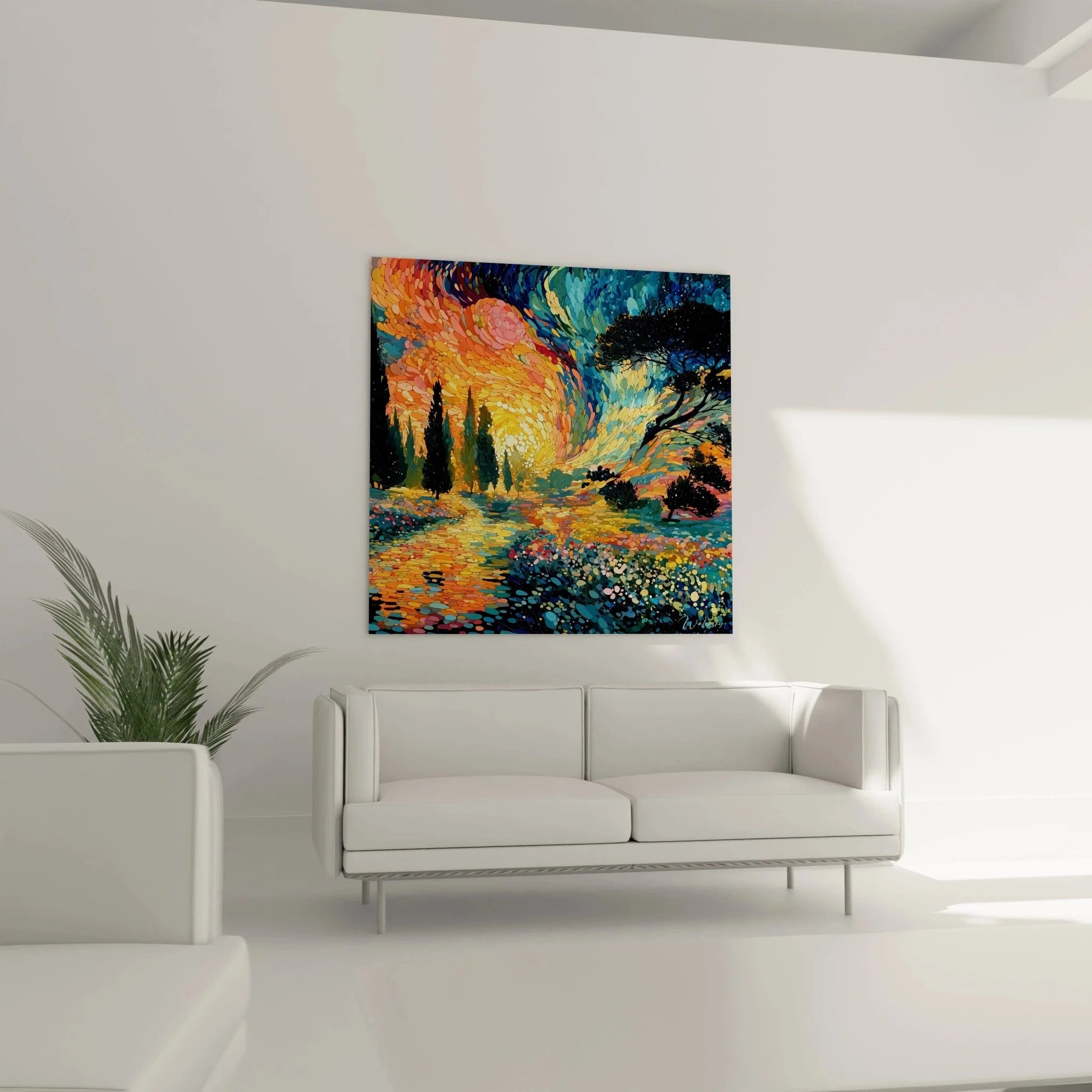 Detailansicht Wandbild Pointillismus Landschaft - pointillistische Maltechnik mit Farbpunkten